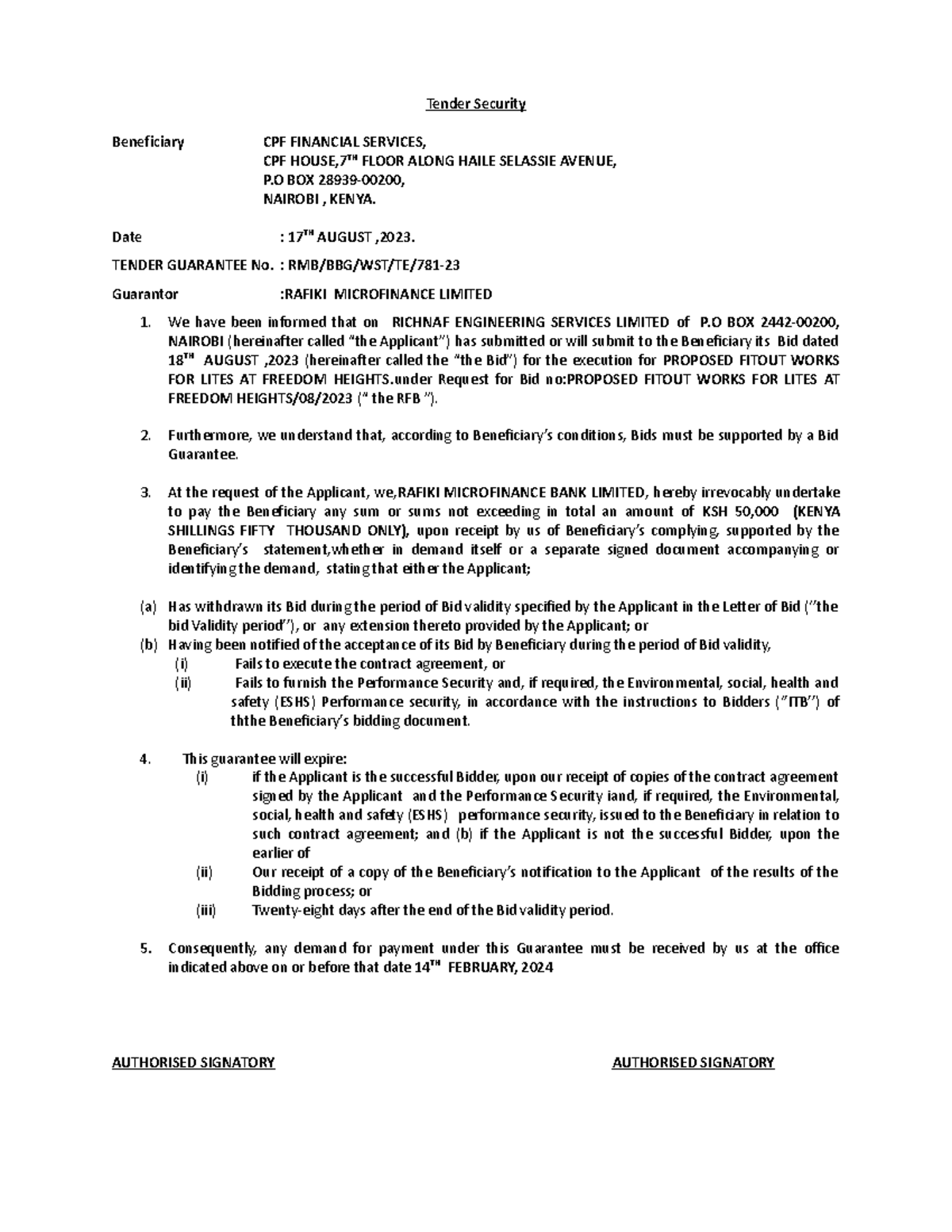 Tender Security Guarantee for RICHNAF ENGINEERING SERVICES - 2023 - Studocu