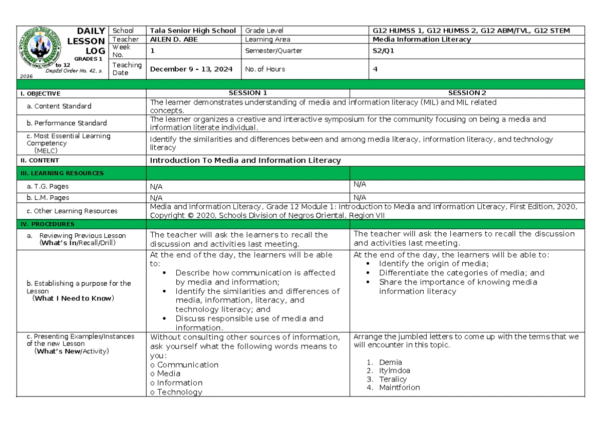 DLL-MIL-Q2-W2 - Daily Lesson Log for Media and Information Literacy ...
