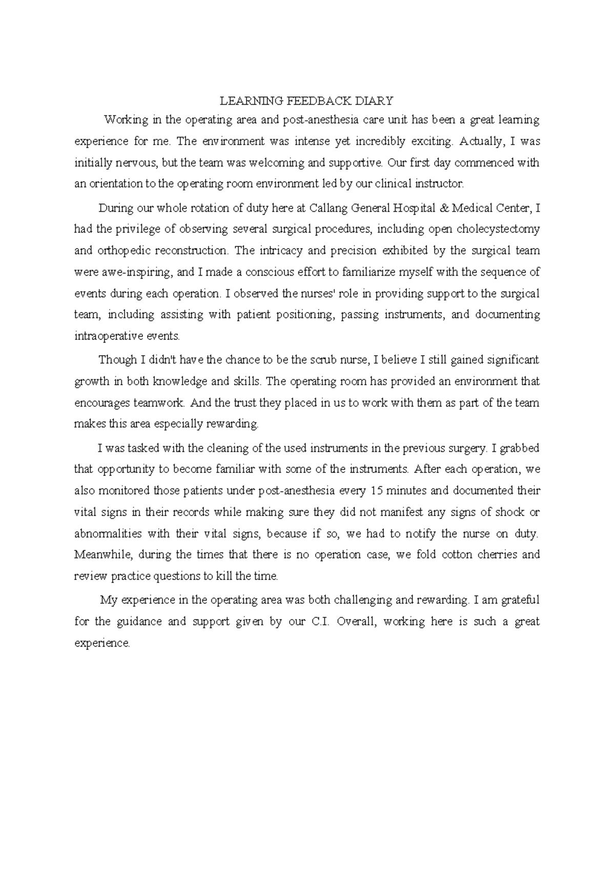 Operating Room Experience Feedback Diary: Insights from Clinical ...