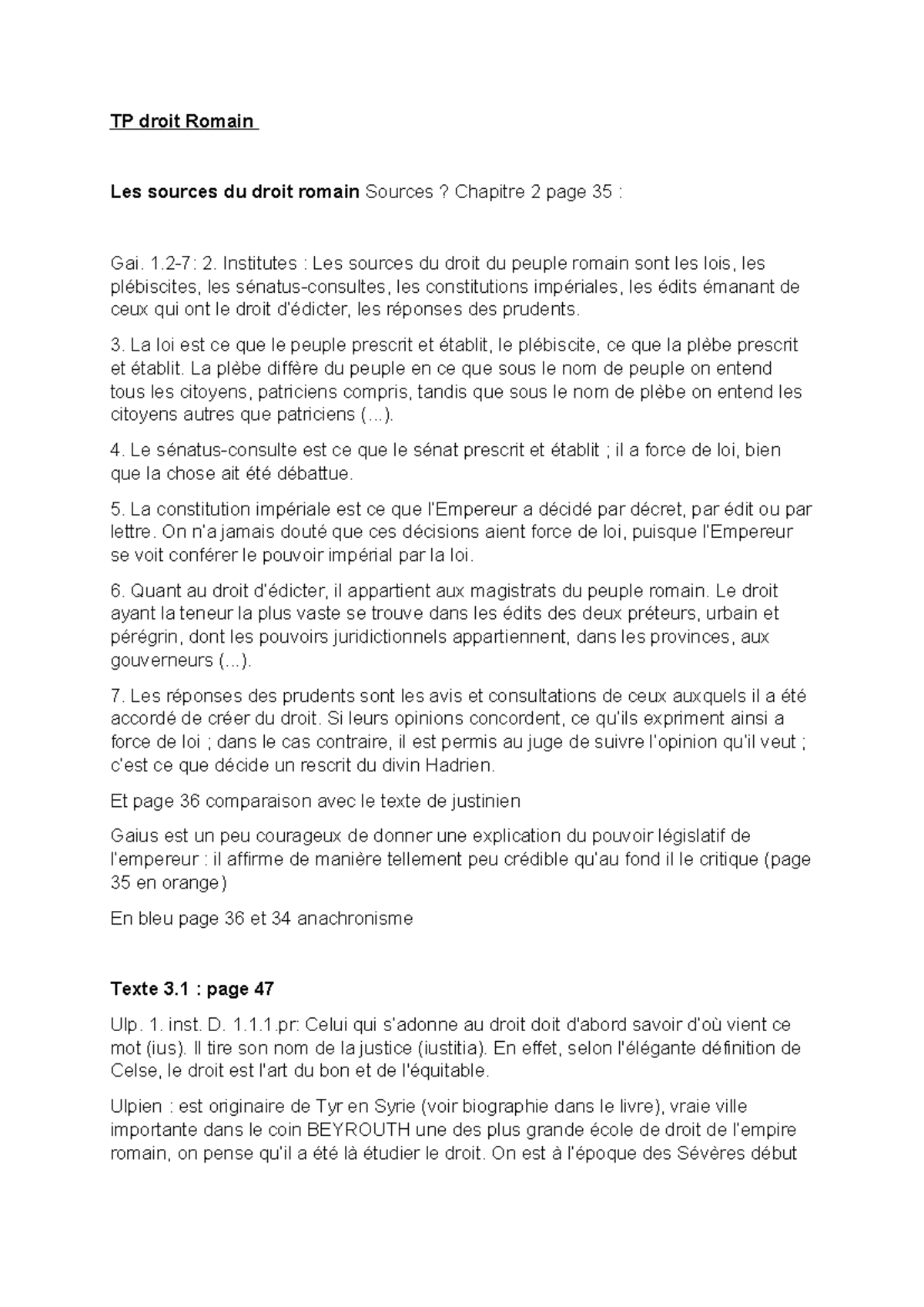 TP Droit Romain : Chapitre 2 - Les Sources du Droit Romain - Studocu