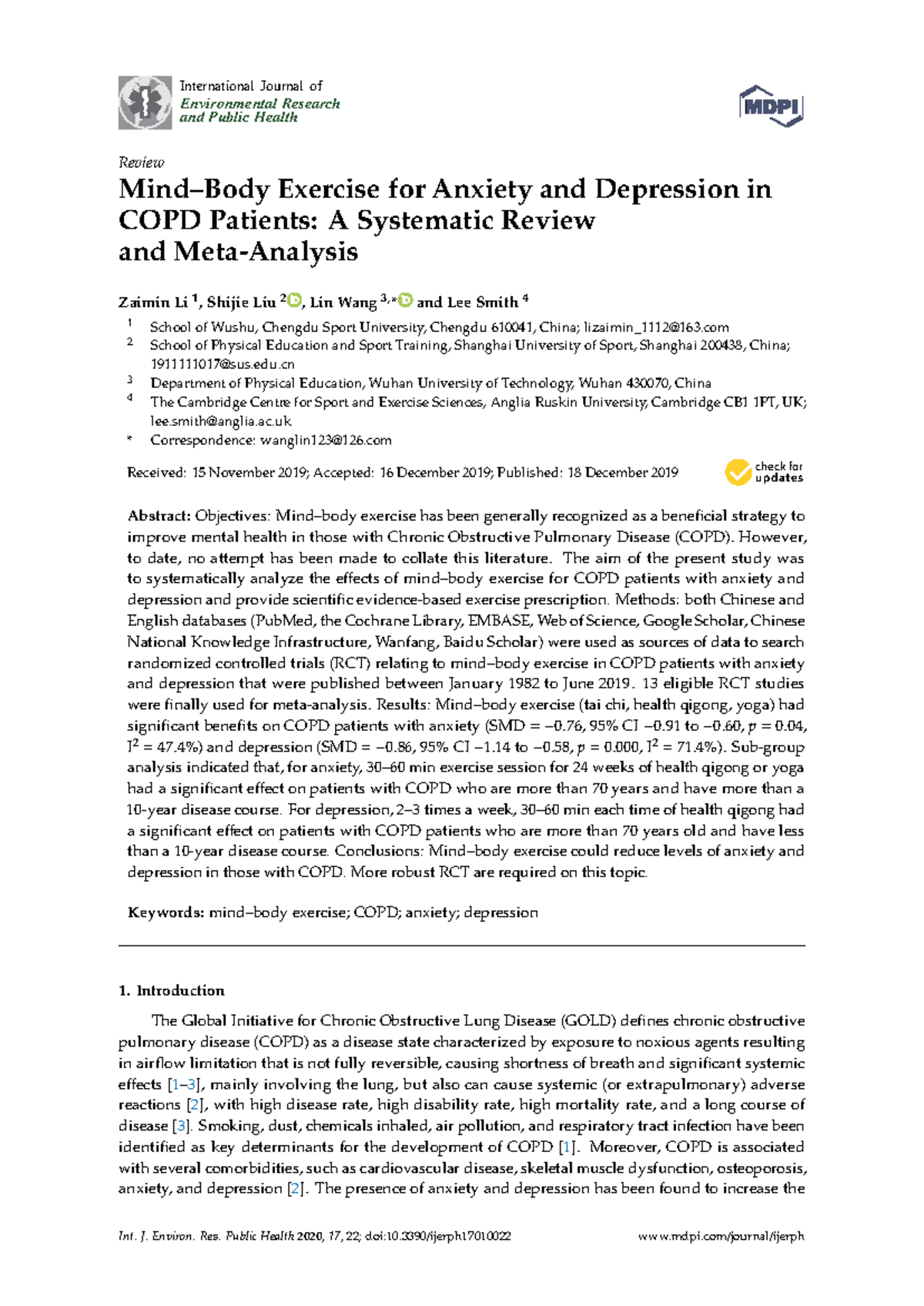 Systematic Review of Exercise Effects on Anxiety and Depression in COPD ...