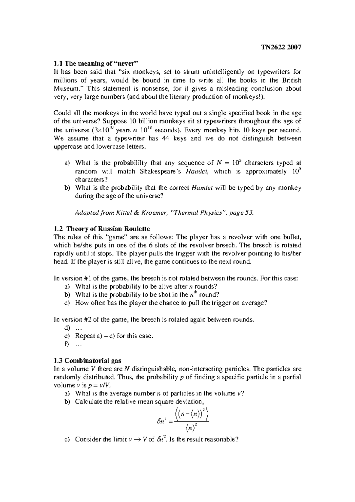 Thermal Physics Problem Set Solutions (2007) - Studeersnel
