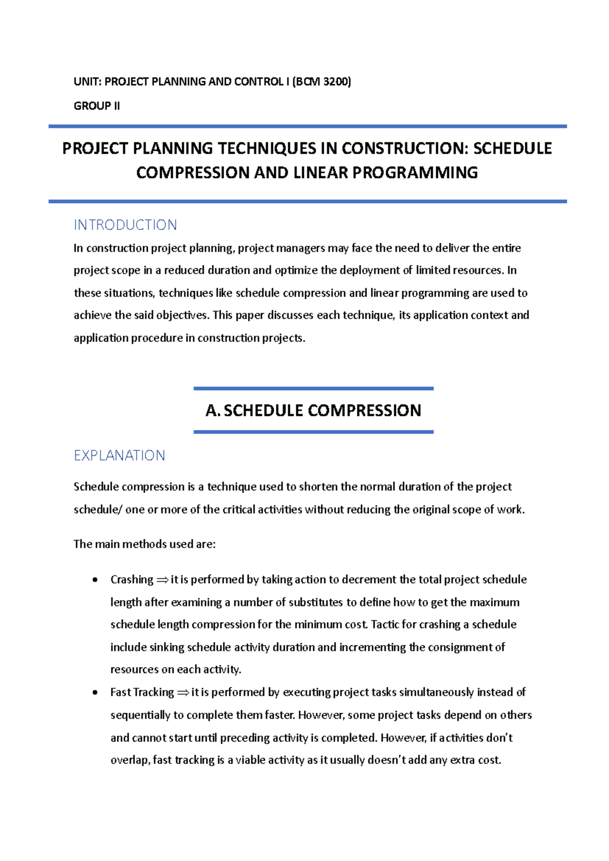 BCM 3200: Project Planning Techniques - Schedule Compression & LP - Studocu