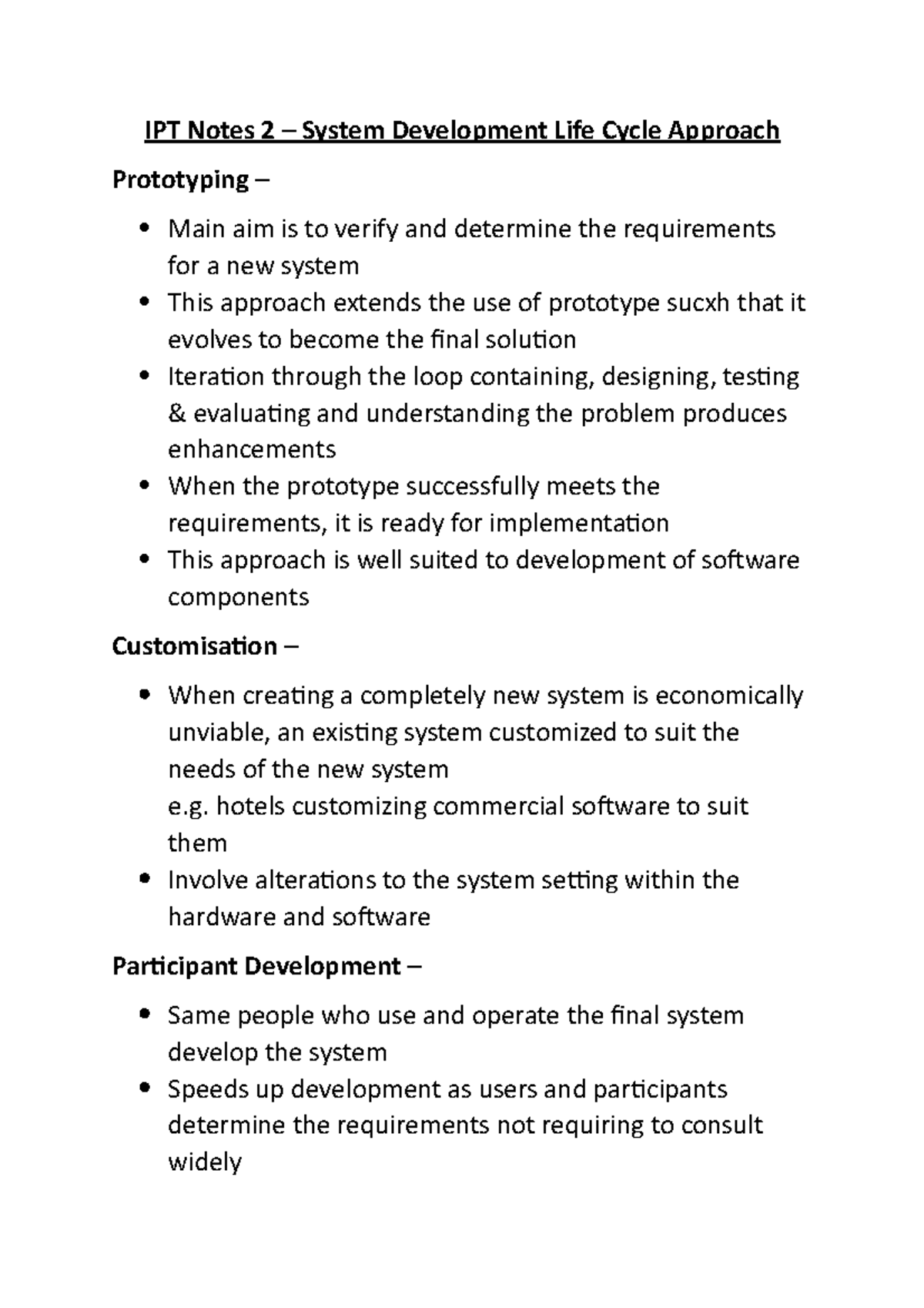 IPT Notes 2 - IPT Notes 2 – System Development Life Cycle Approach ...