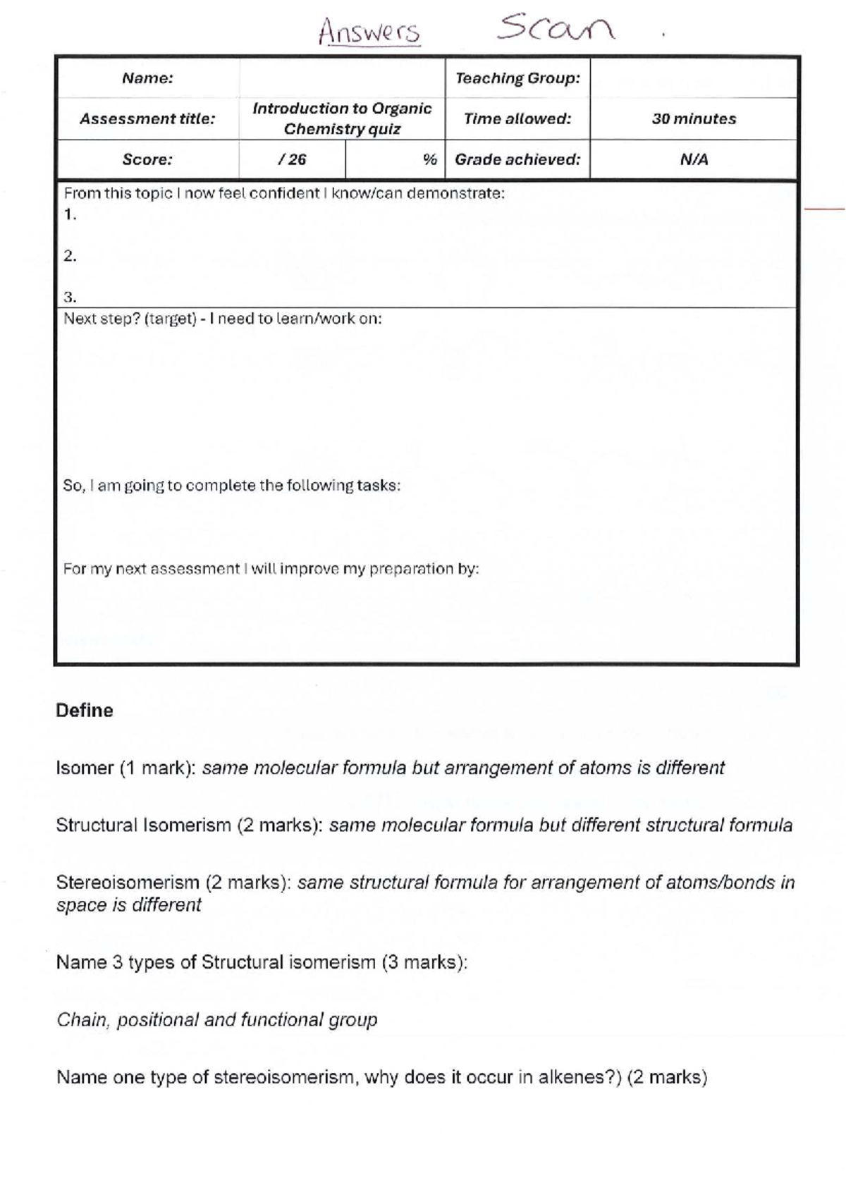 Organic Chemistry Quiz (Course Code: CHEM101) - Peer Assessment - Studocu