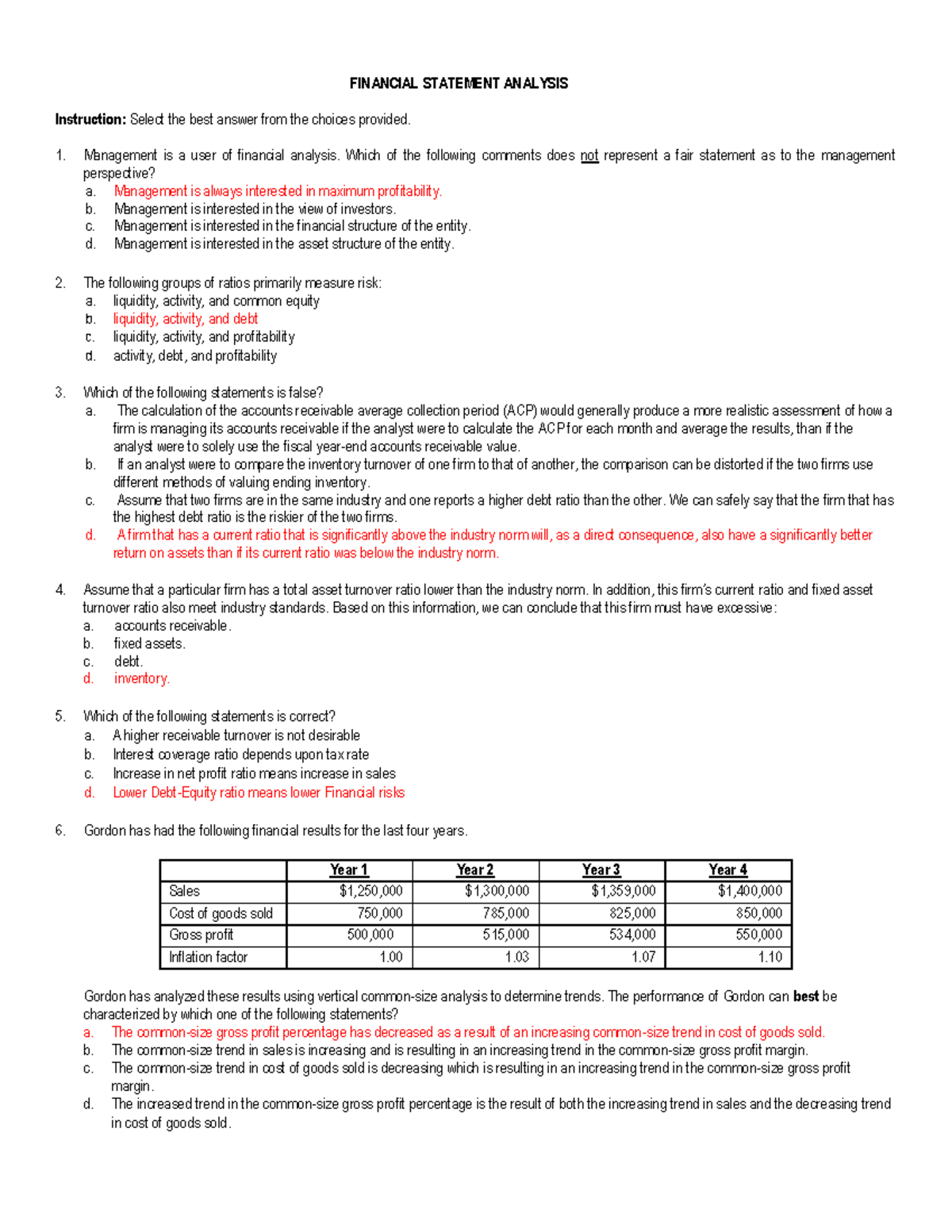FIN 301: Q10 Financial Statement Analysis Quiz Answers - Studocu