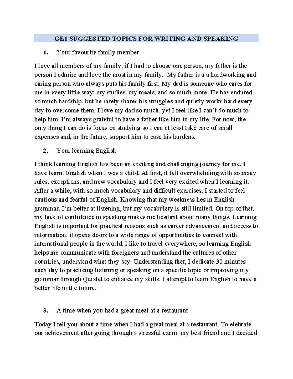 GE1 FINAL EXAM TOPICS FOR WRITING AND SPEAKING: FAMILY, ENGLISH, & MORE ...