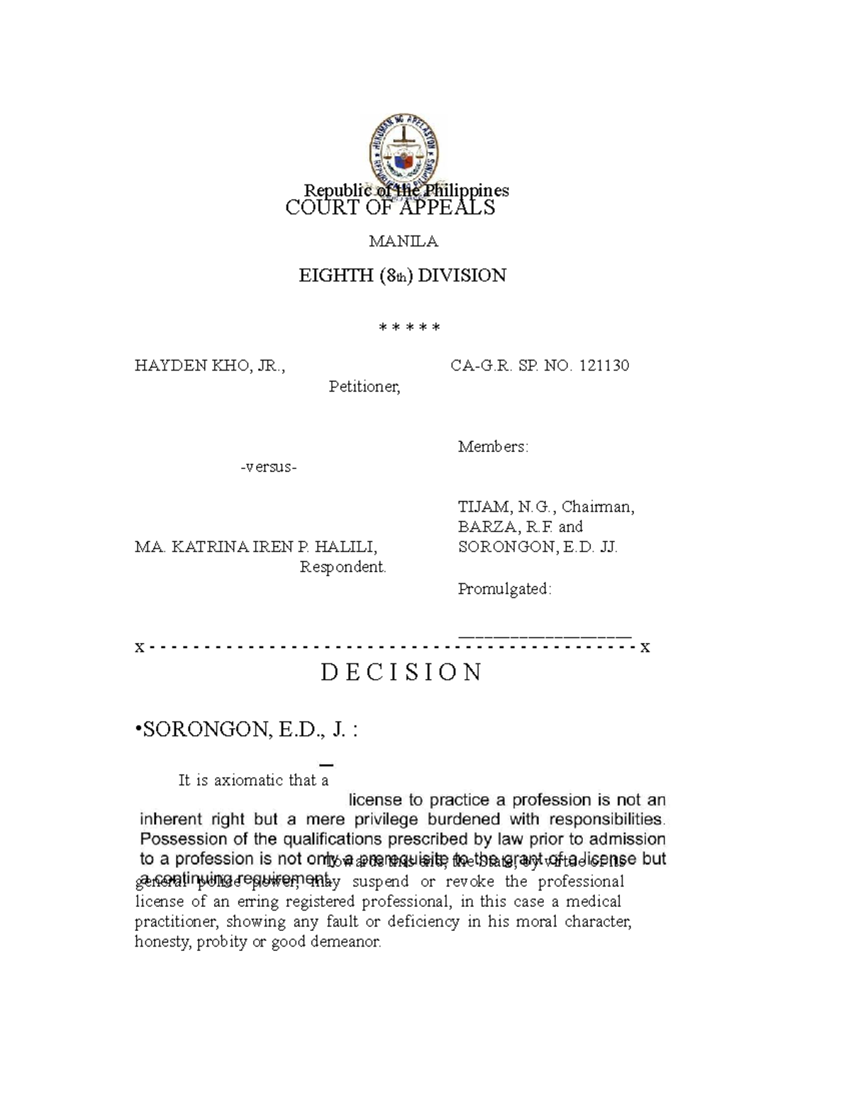 SP. NO. 121130: Decision on Revocation of Medical License in Kho vs ...
