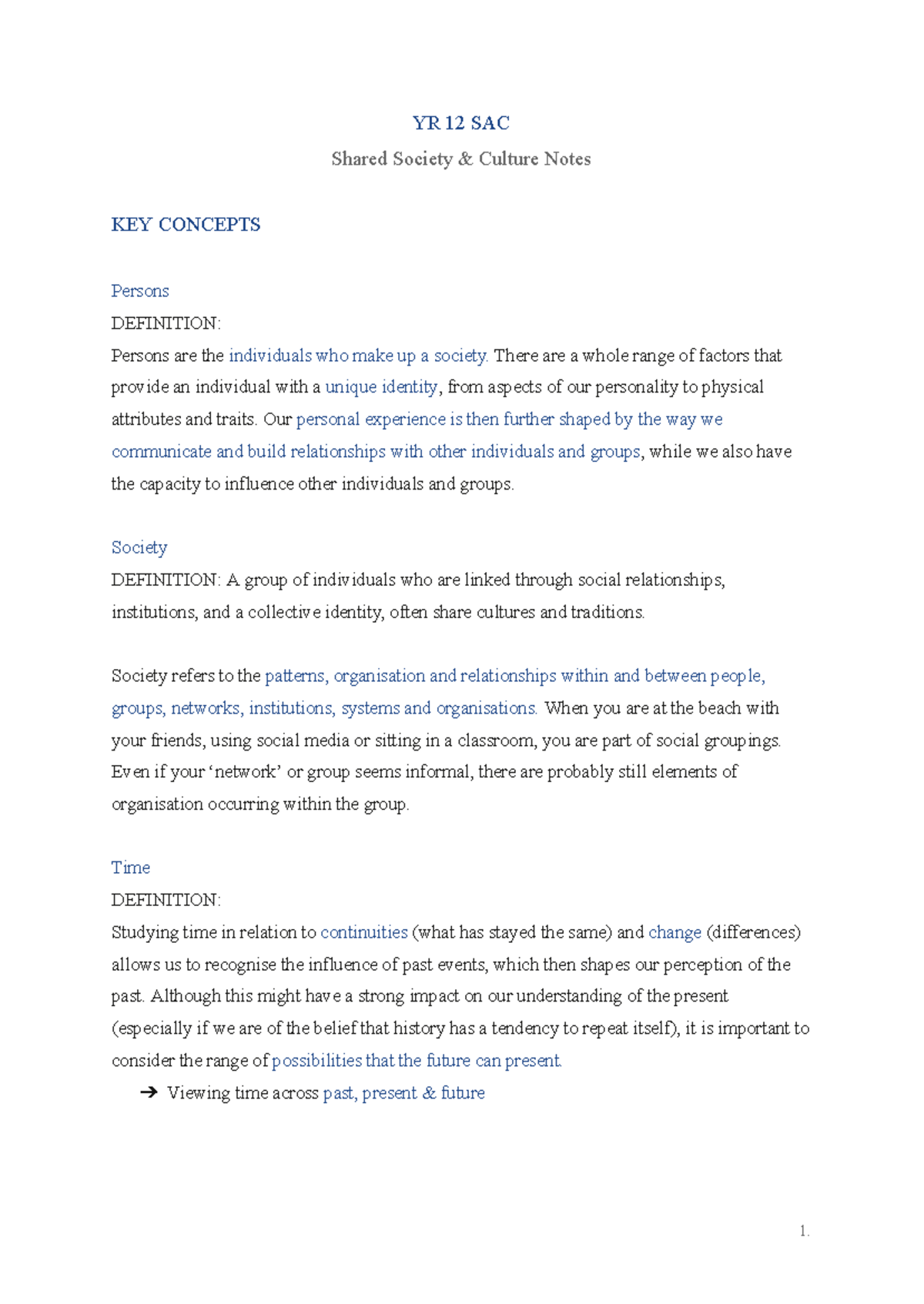 YR 12 SAC Shared Society Culture Notes: Key Concepts and Definitions ...