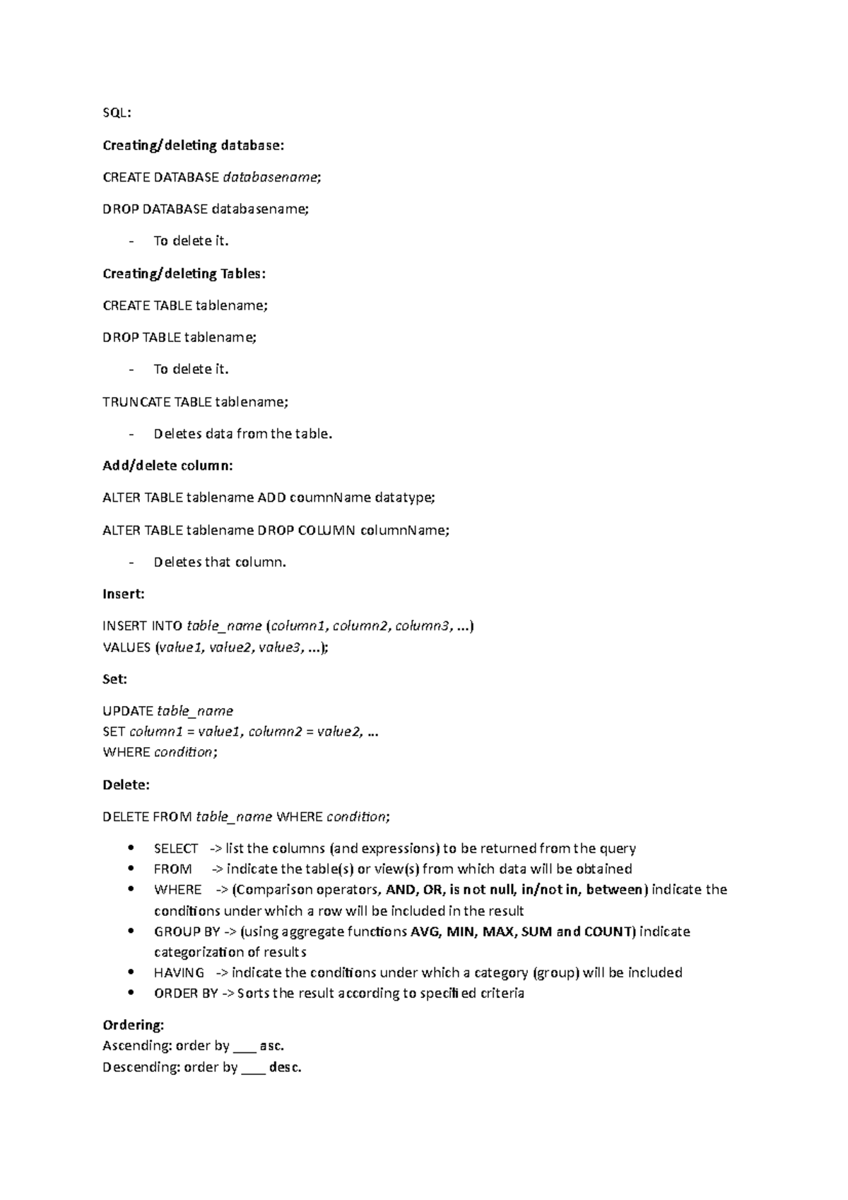SQL notes - Database fundamentals UTS. - SQL: Creating/deleting ...