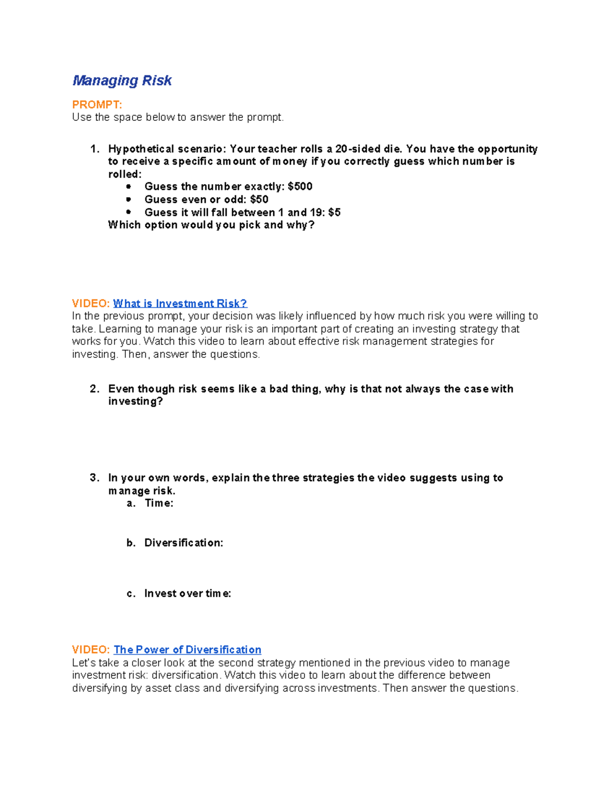 Managing Risk in Investment Funds: Worksheet for Financial Education ...