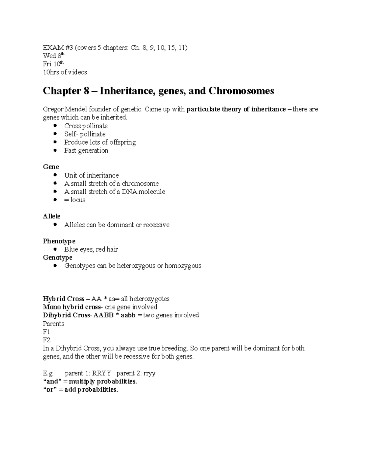 Bio 1 Exam 3 Notes - Summary of Genetics and Molecular Biology Concepts ...