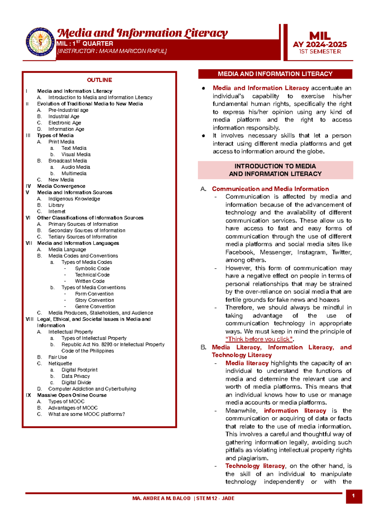 MIL 1ST Semester Media and Information Literacy Reviewer - Studocu