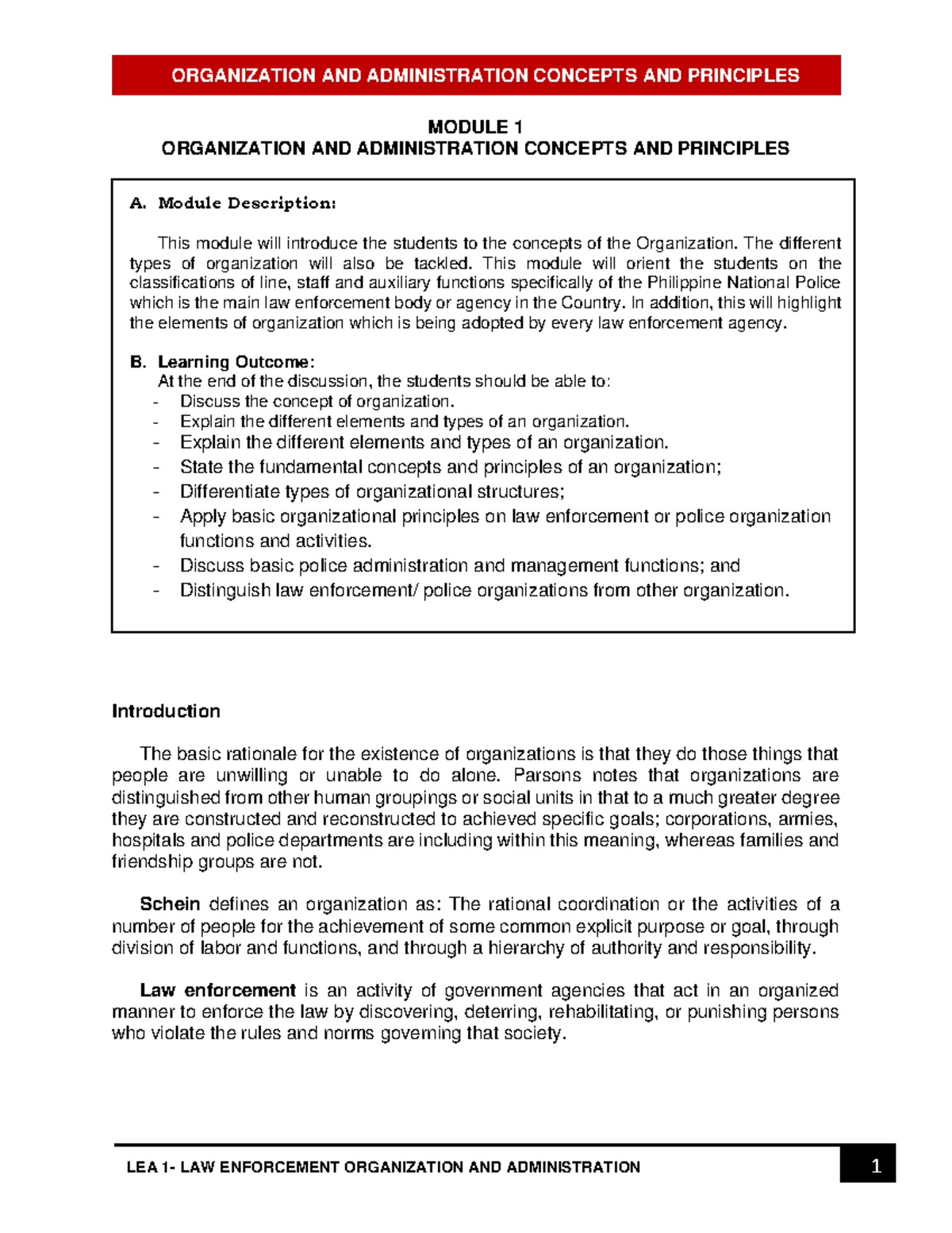 LEA 1 - Module 1: Concepts of Organization in Law Enforcement - Studocu