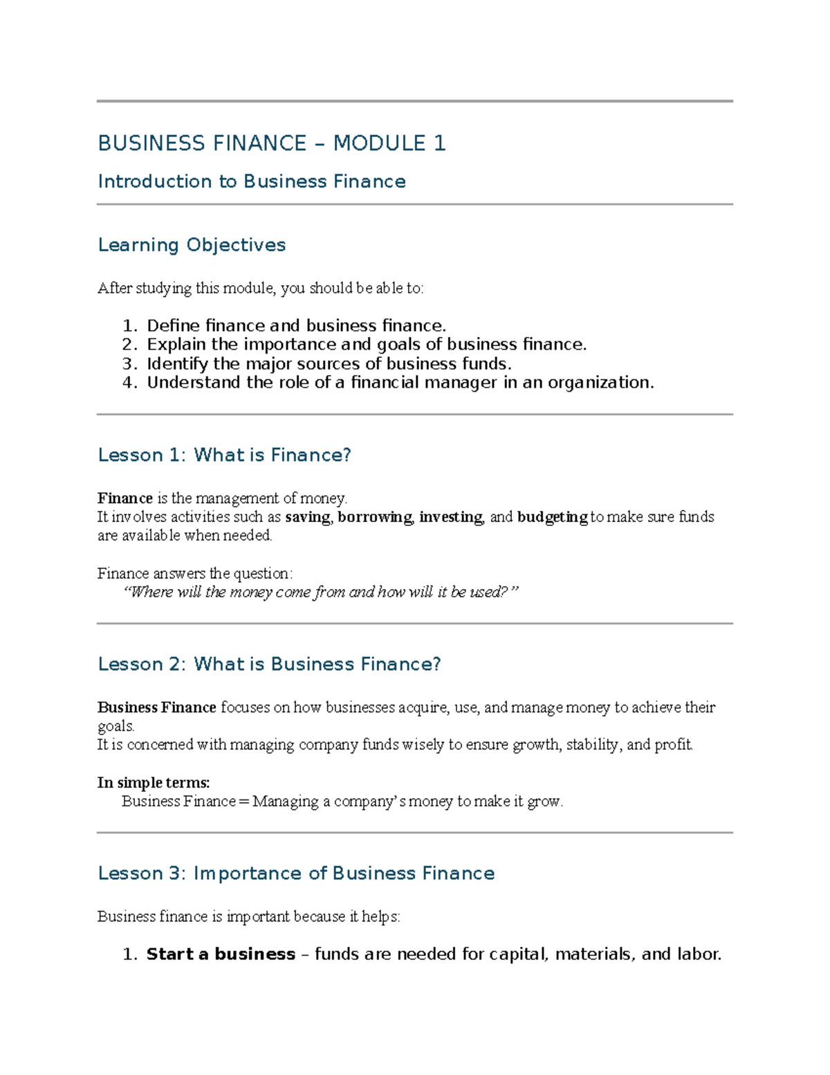 BUSINESS FINANCE MODULE 1: Introduction & Key Concepts - Studocu