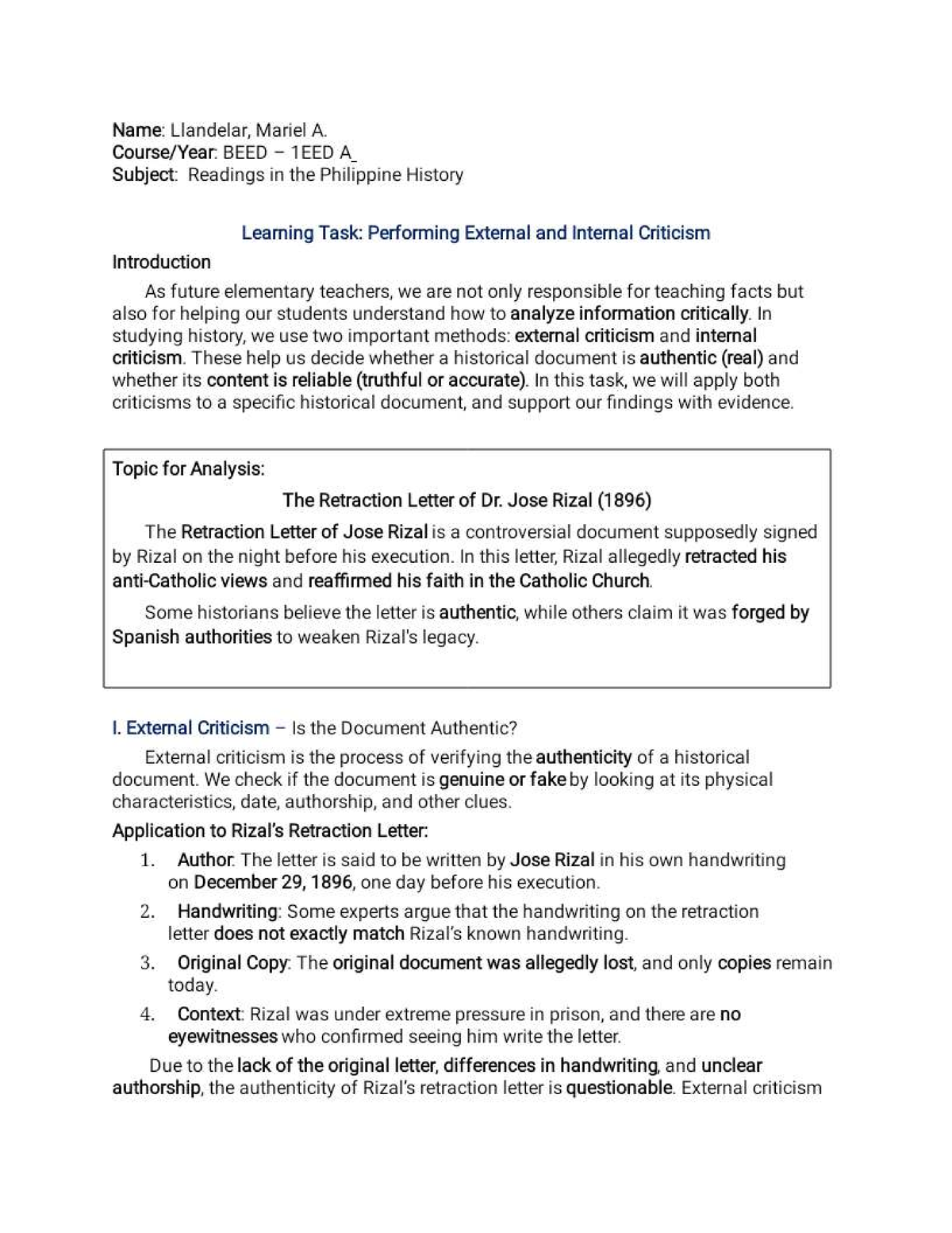 BEED 1EED A: External & Internal Criticism of Rizal's Retraction Letter ...