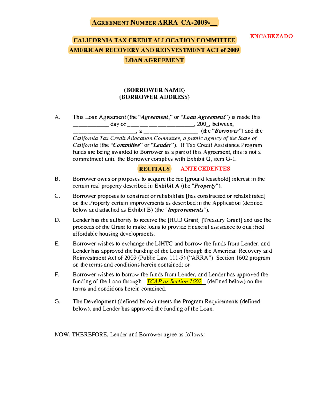 Bilateral Loan Agreement: ARRA California Tax Credit Allocation ...