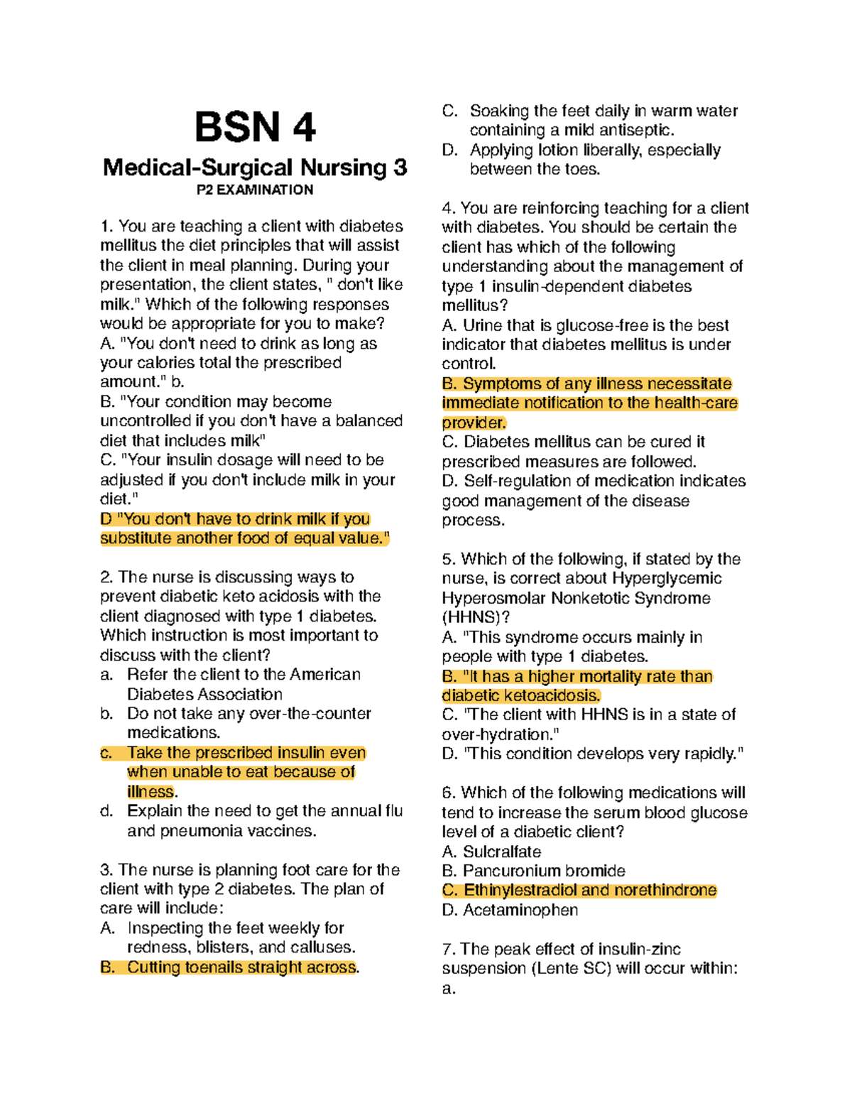 BSN 4 Nursing 3 P2 Examination on Diabetes Management and Care - Studocu