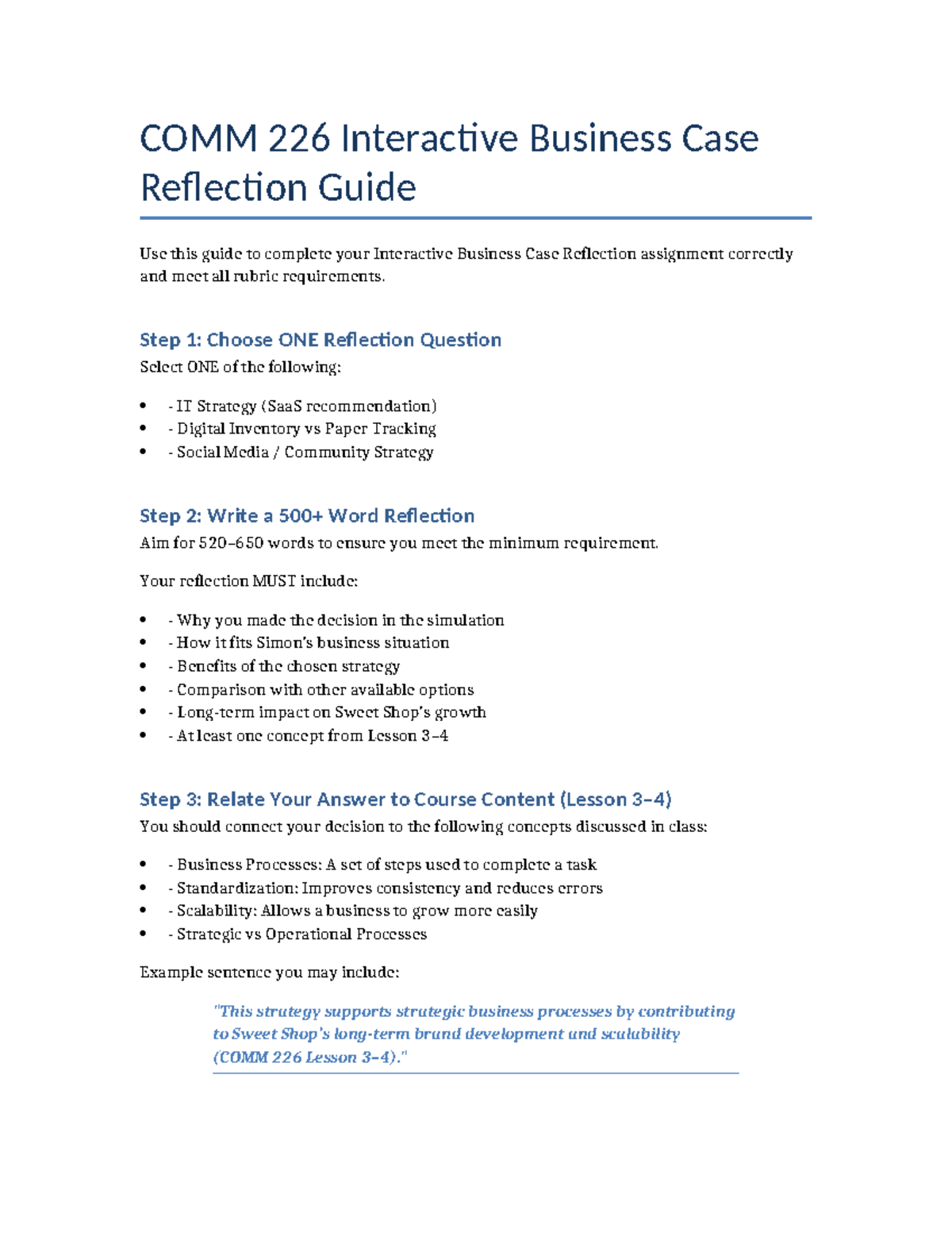 COMM 226 Interactive Business Case Reflection Guide - Studocu