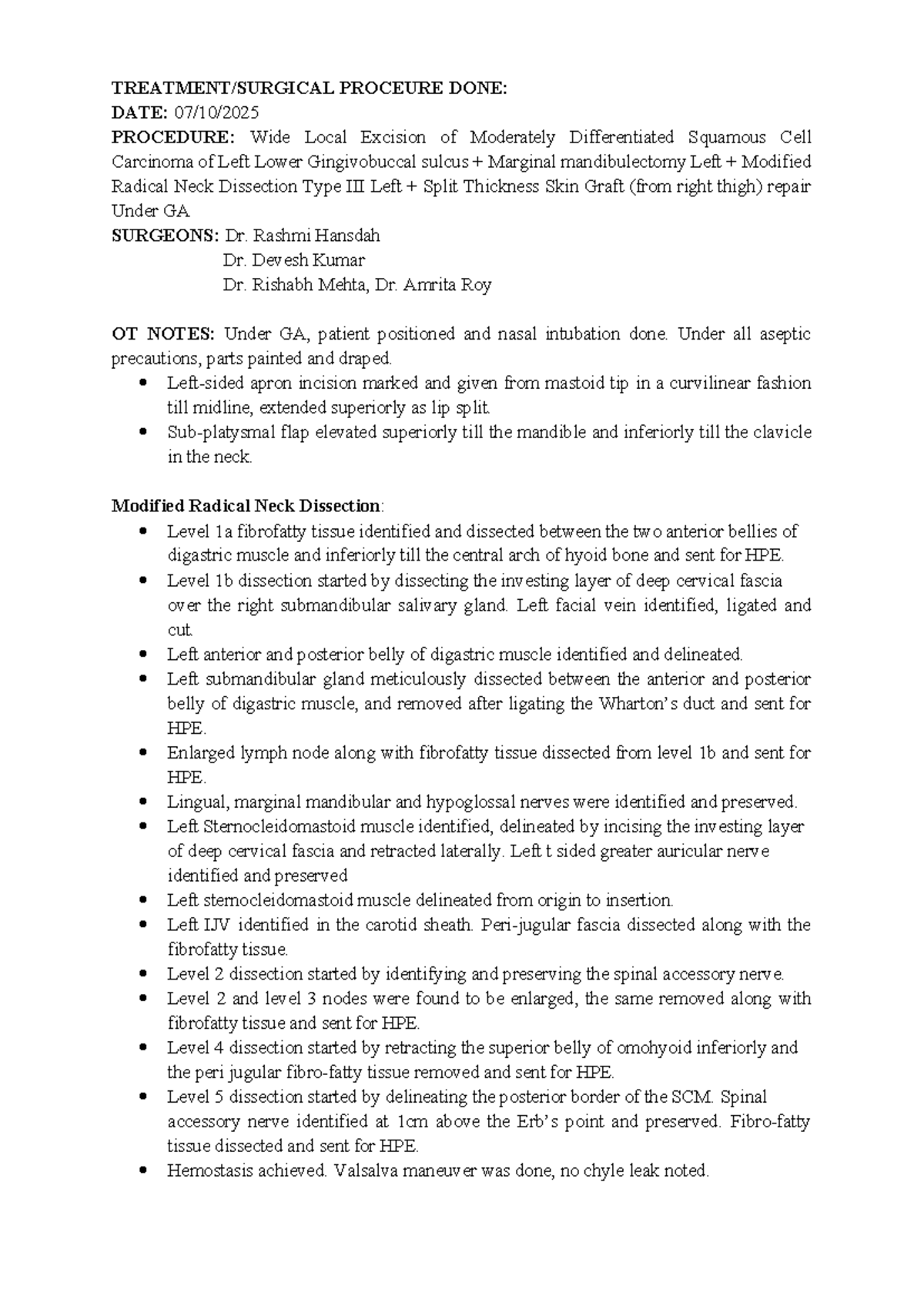 WLE OT Notes: Moderately Differentiated SCC Procedure Details - Studocu