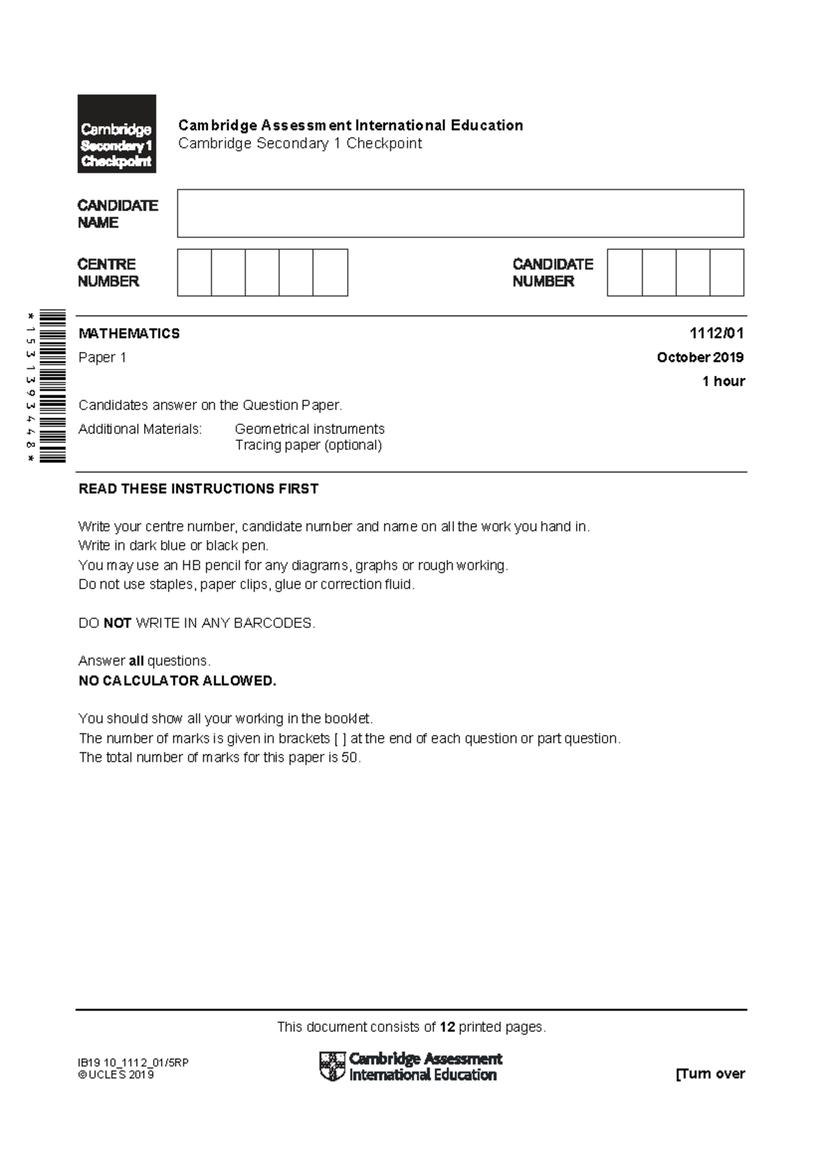 October 2019 CAIE P1 Questions 1112 Mathematics Checkpoint - Studocu