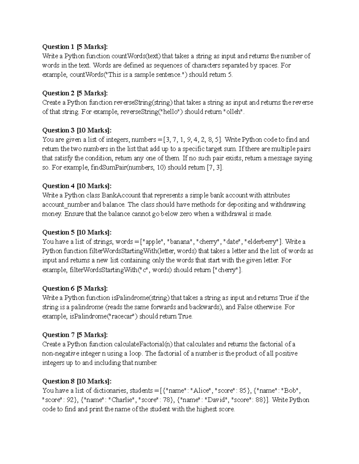 CITS1401 Exam Questions: Python Functions & Classes - Studocu