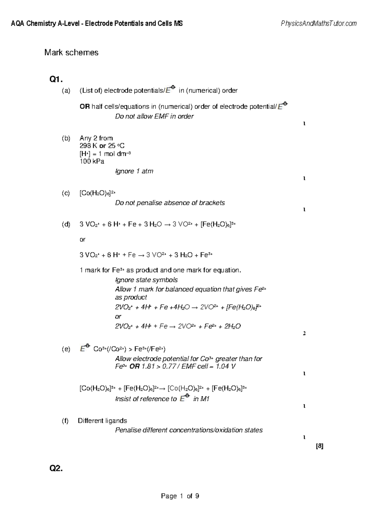 AQA Chemistry Electrode Potentials and Cells MS Study Guide - Studocu