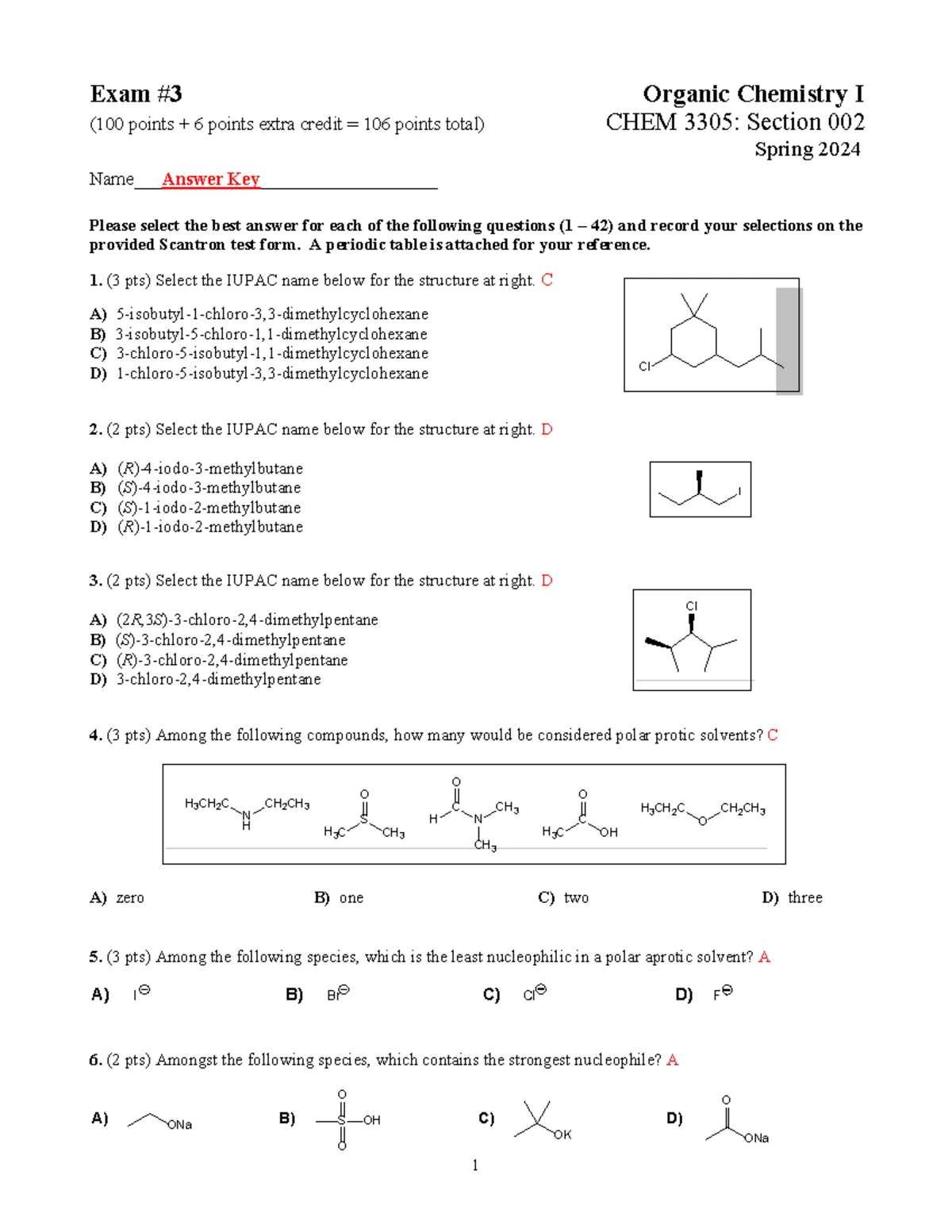 Exam 3 Spring 2024 - Organic Chemistry I Answer Key (CHEM 3305) - Studocu