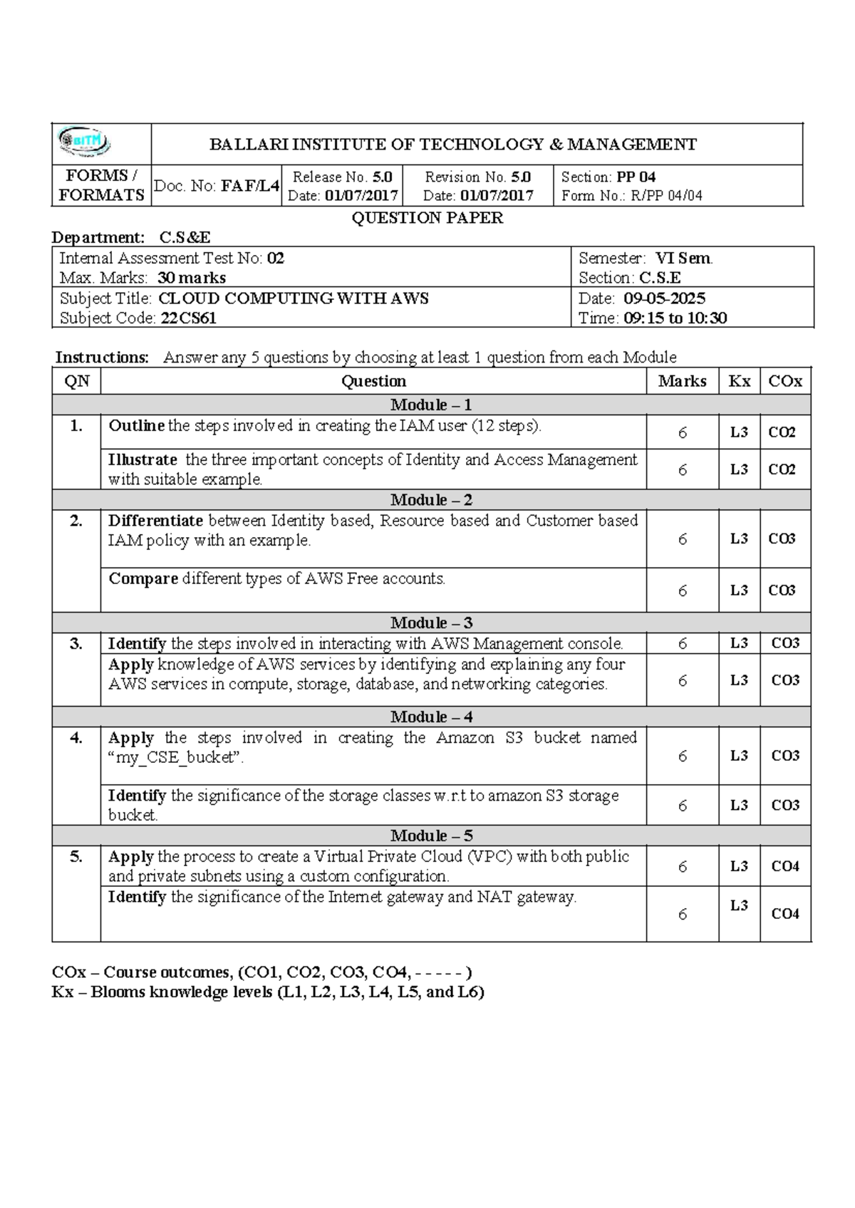22CS61 VI Sem. Internal Assessment Test 02 - Cloud Computing with AWS ...