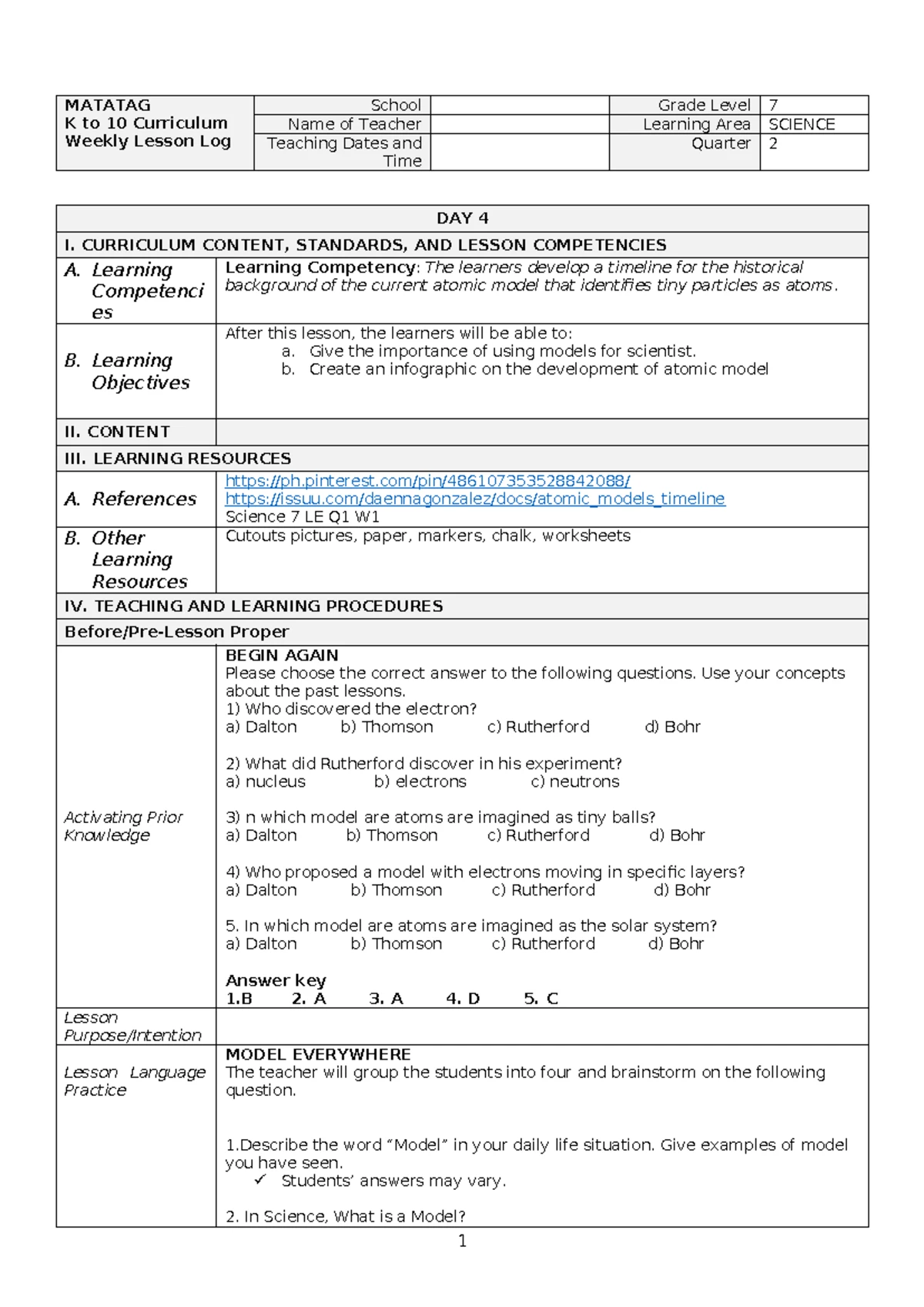 Q2 LE SCI8 WK1 D4 - Weekly Lesson Log on Atomic Models - Studocu