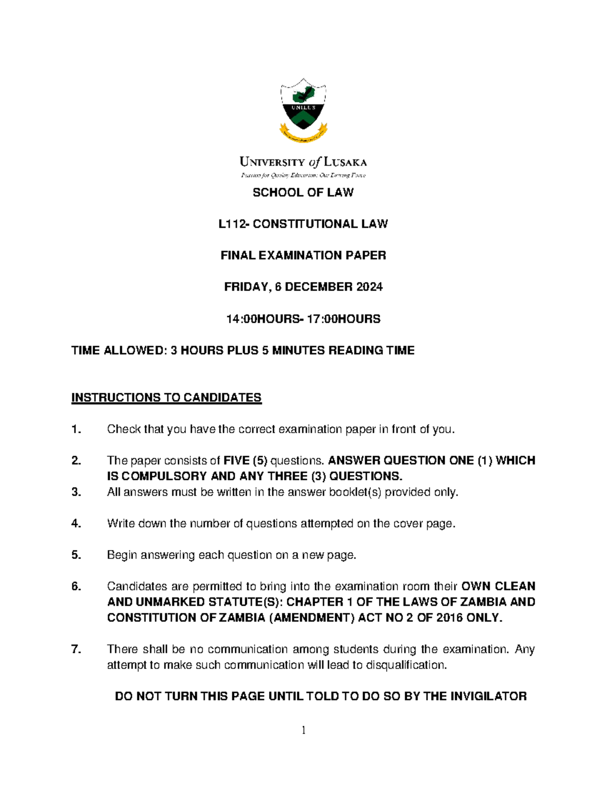 L112 2024 Semester 2 Constitutional Law Final Exam Paper - Studocu