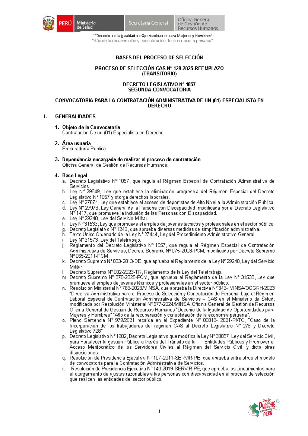 Bases del Proceso de Selección CAS para Especialista en Derecho - D.L ...