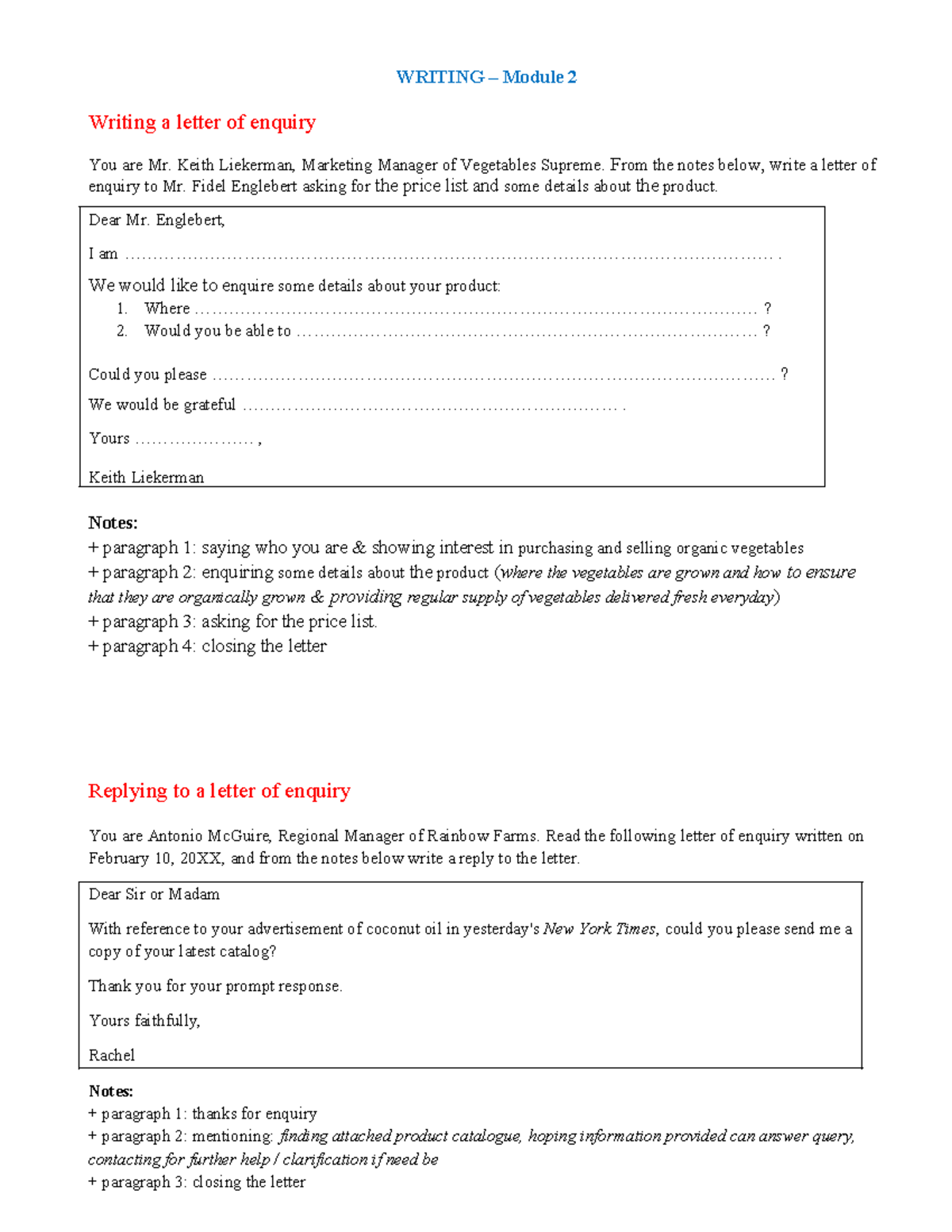Writing-Module 2 - K46 2 - WRITING – Module 2 Writing a letter of ...