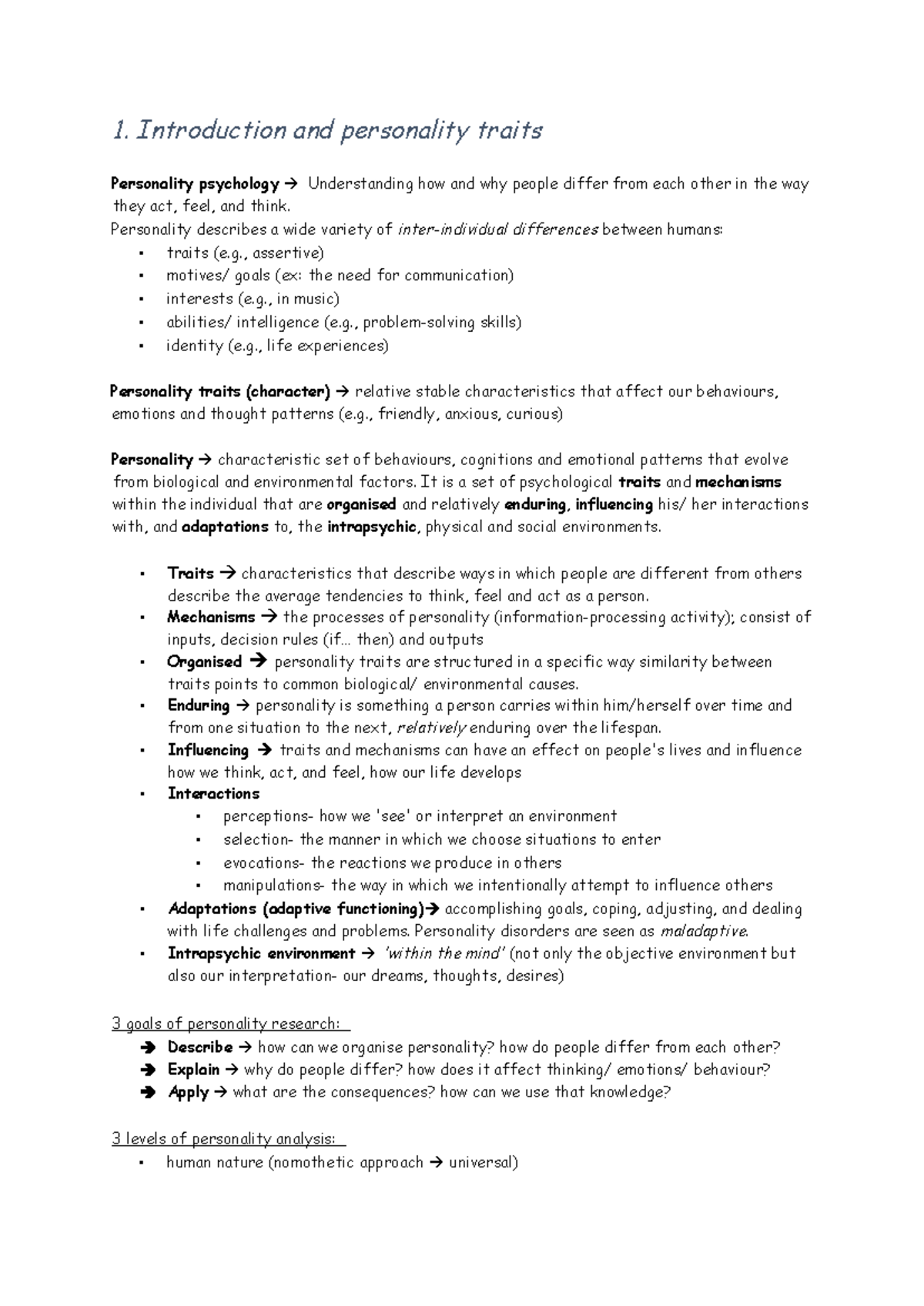 PSY203: Personality Psychology Summary and Key Concepts Overview ...