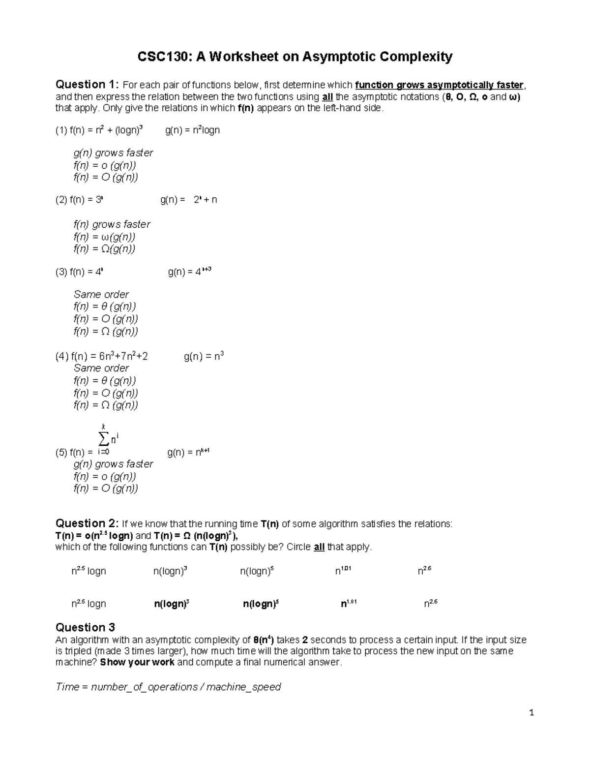 CSC130: Asymptotic Complexity Worksheet with Solutions - Studocu