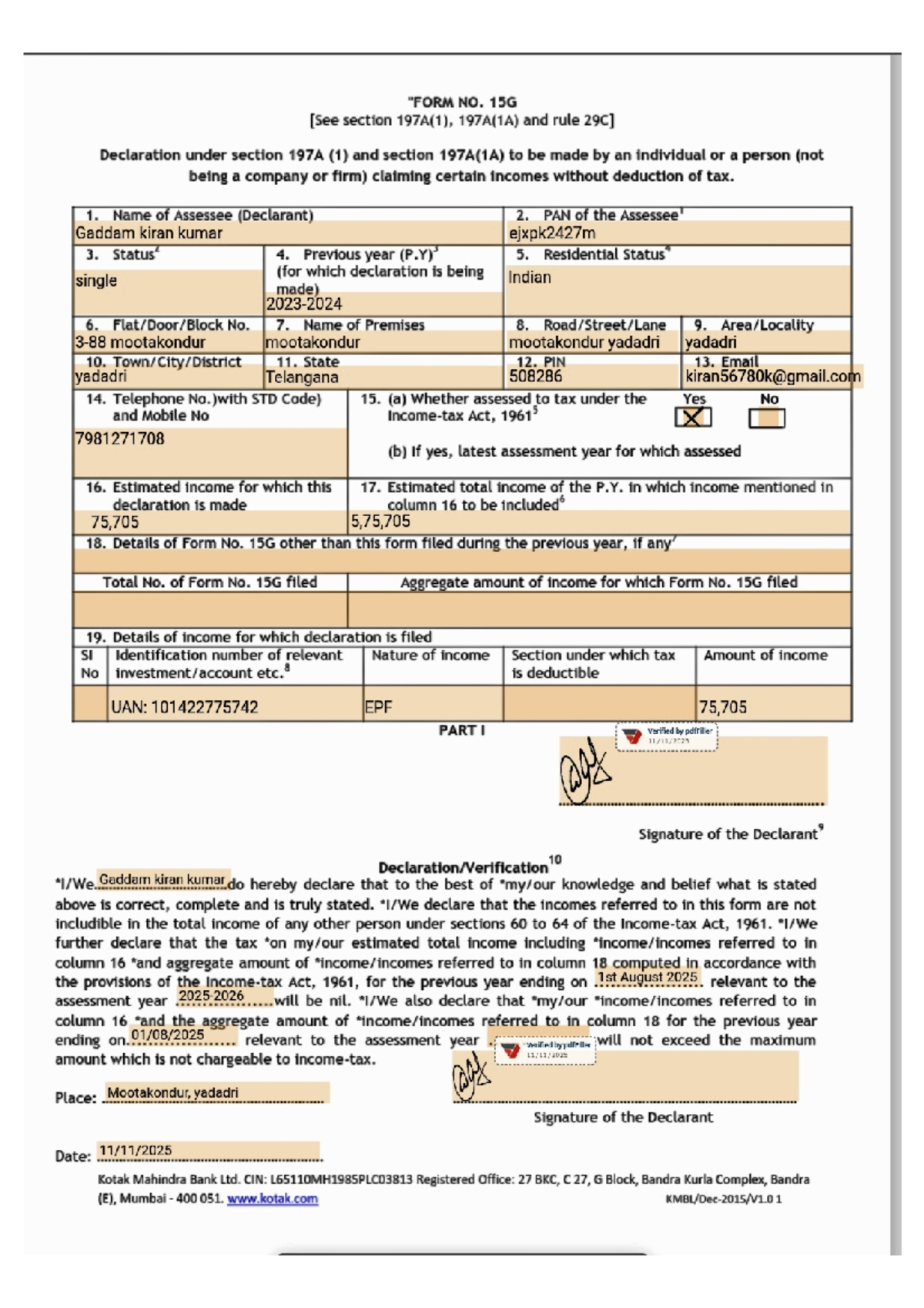 Form 15G Declaration for Income Without Tax Deduction - Studocu