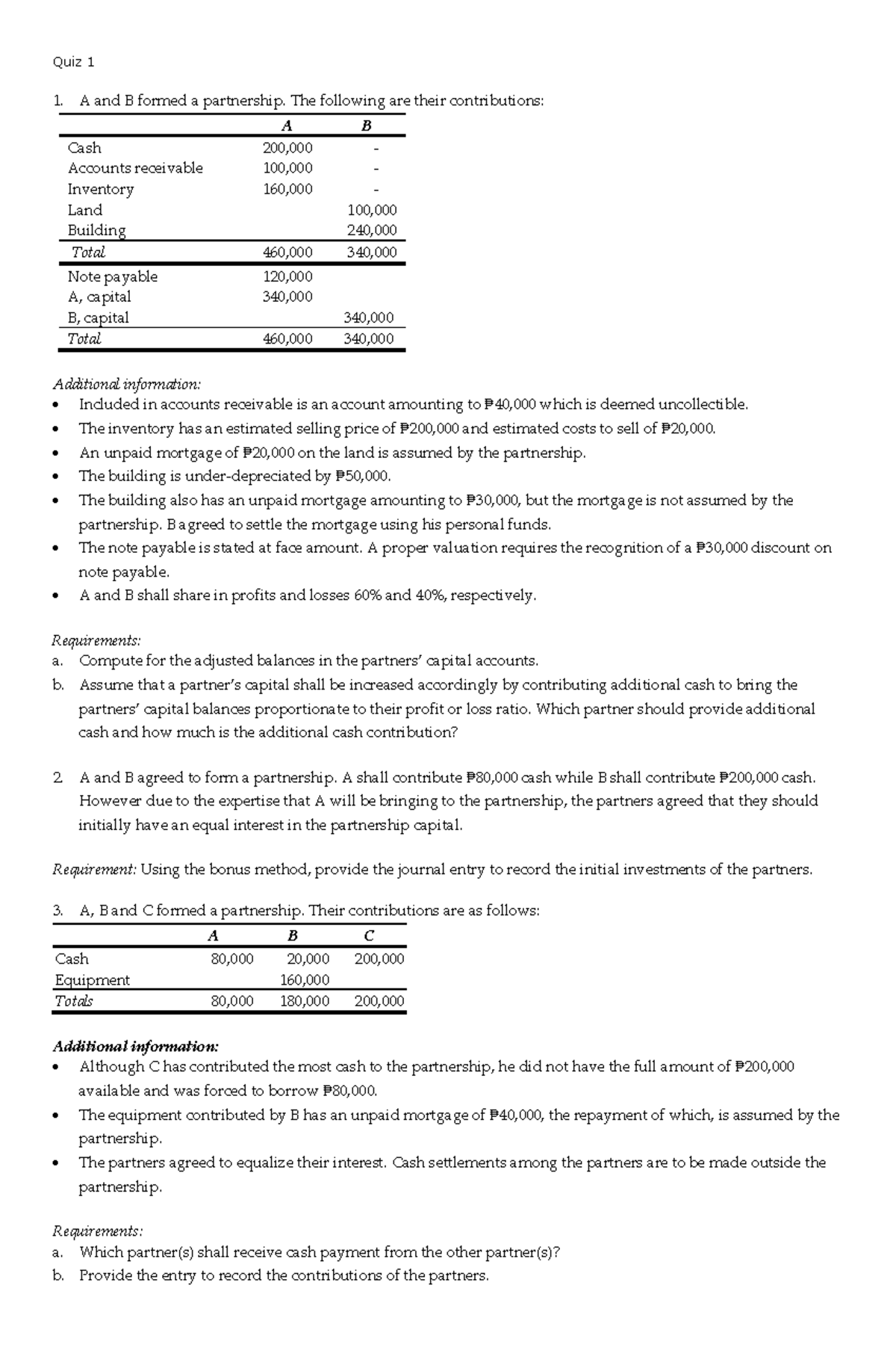 Quiz 1: Partnership Contributions and Capital Adjustments - Studocu