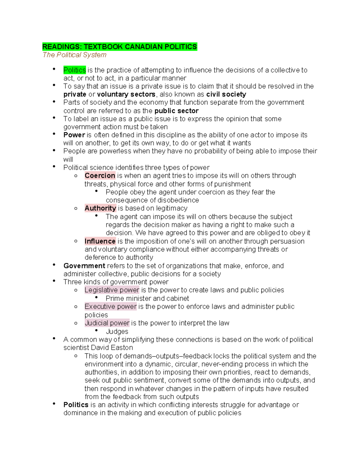 Pols 2100 notes - READINGS: TEXTBOOK CANADIAN POLITICS The Political ...