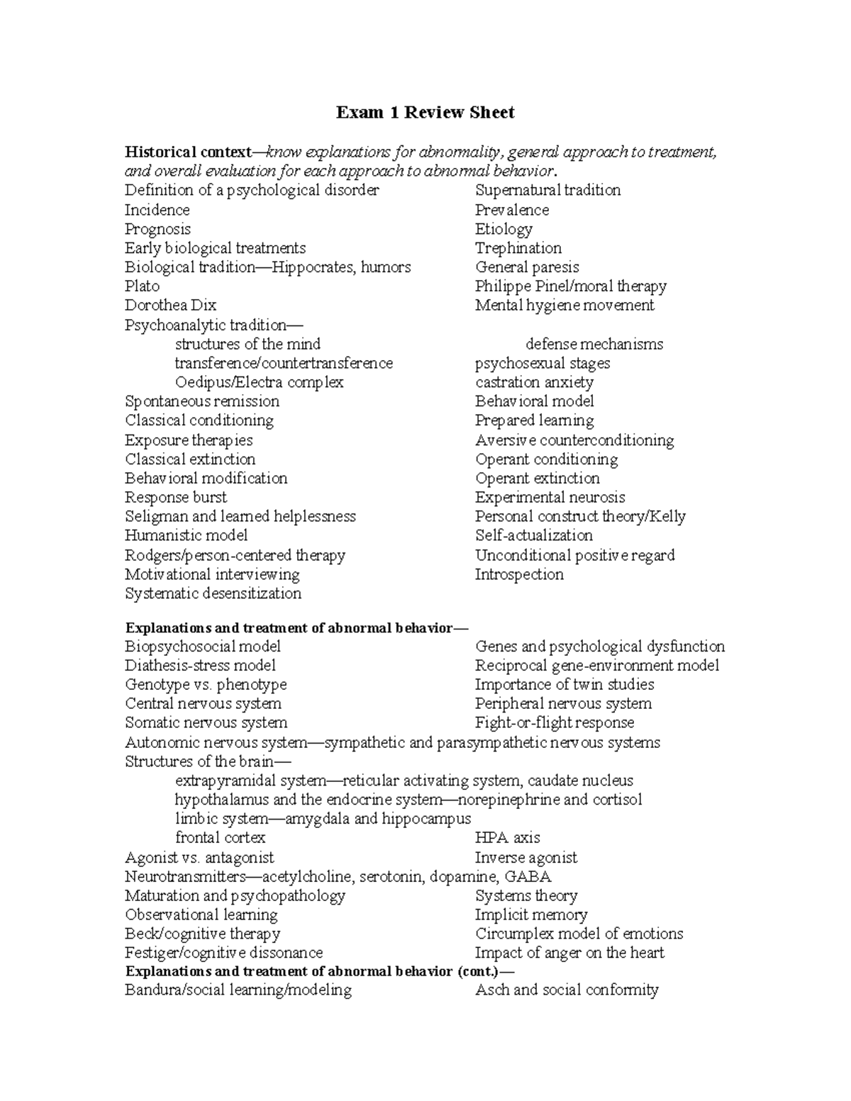 PSYC 380 Exam 1 Review Guide: Key Concepts & Treatments of Abnormality ...