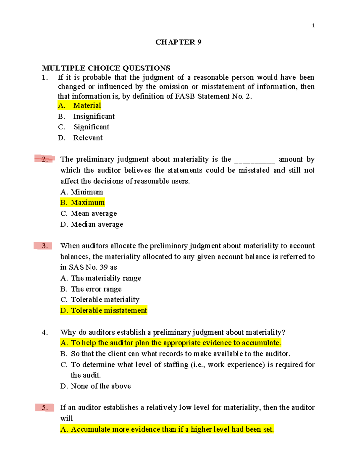 Chap 9 Materiality & Risk: Multiple Choice Questions Review - Studocu