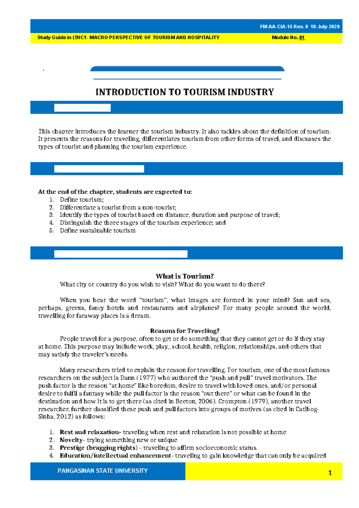 THC-1-SG1: Study Guide for Module 1 - Introduction to Tourism Industry ...