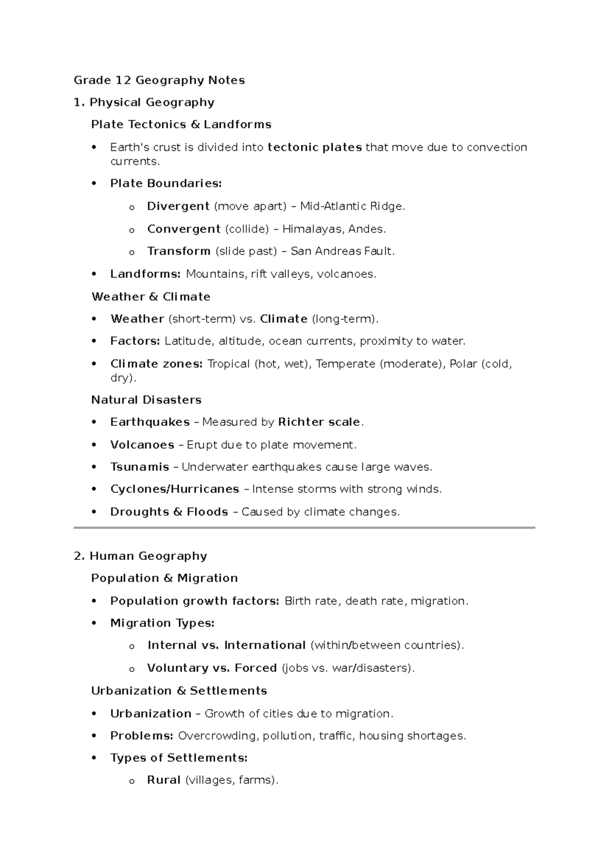 Grade 12 Geography Notes - Grade 12 Geography Notes 1. Physical ...