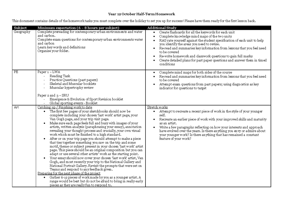 2526 Y12 Oct Half Term Homework Tasks for Success - Studocu