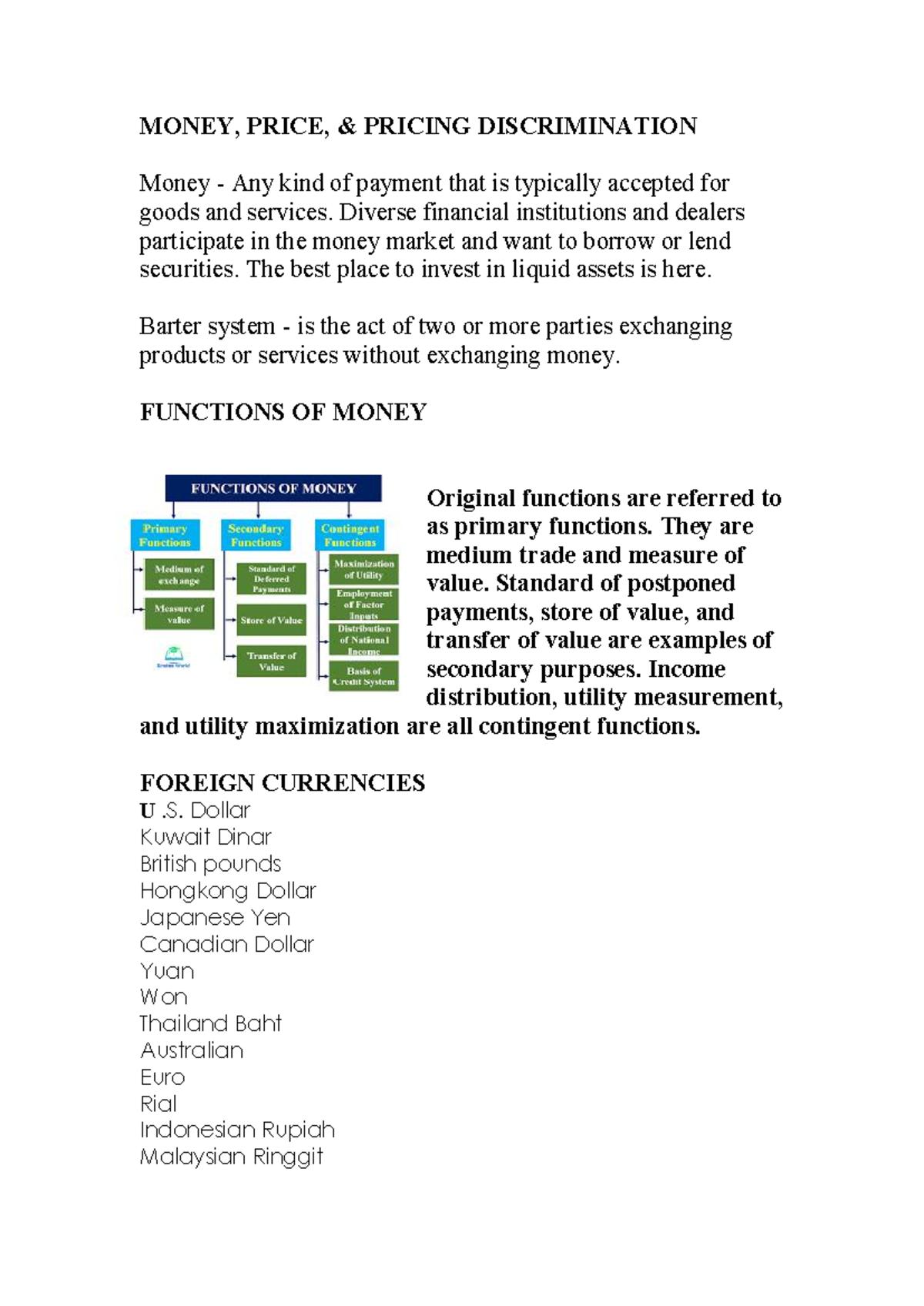 Money - NOTES - MONEY, PRICE, & PRICING DISCRIMINATION Money - Any kind ...