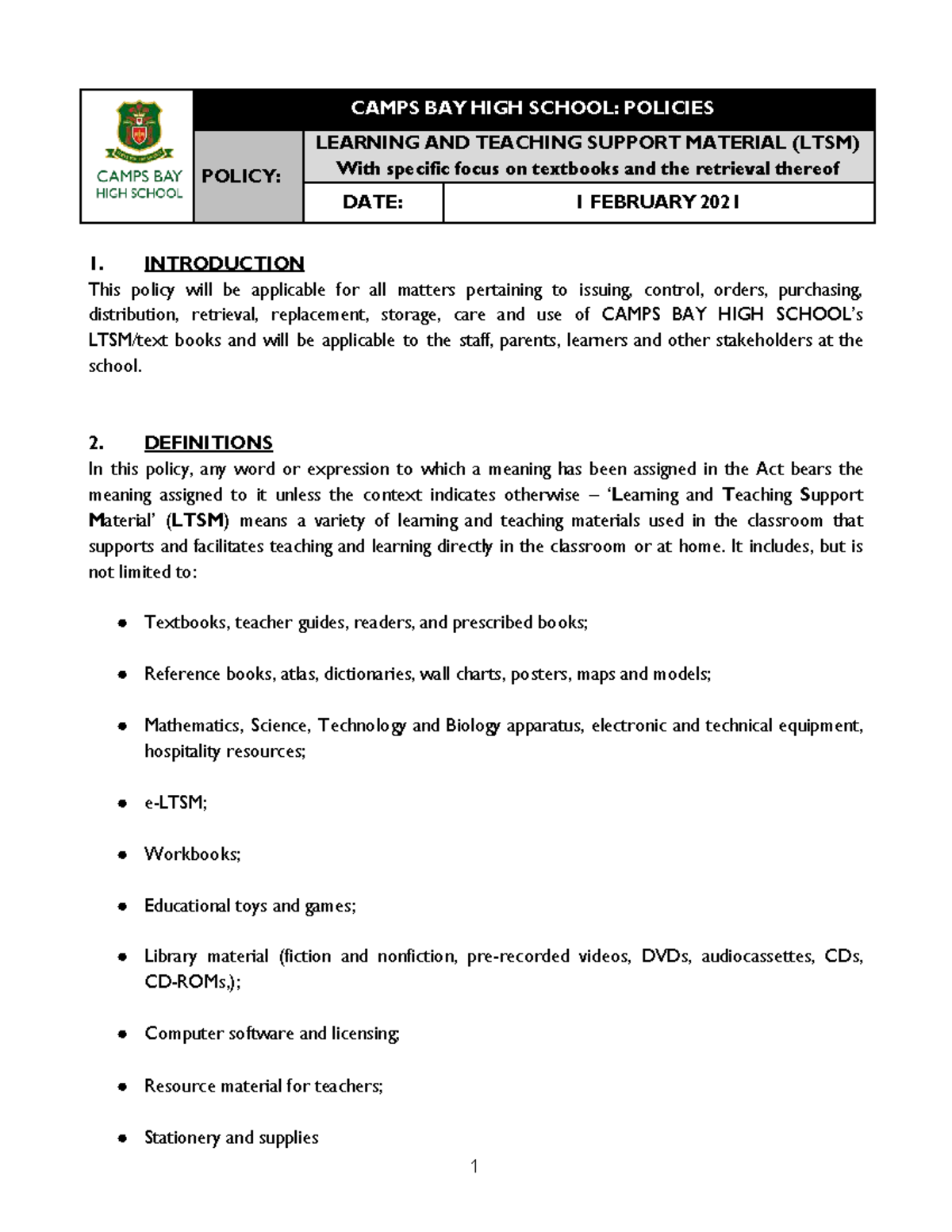 CBHS LTSM Policy 2021: Textbook Management and Guidelines - Studocu