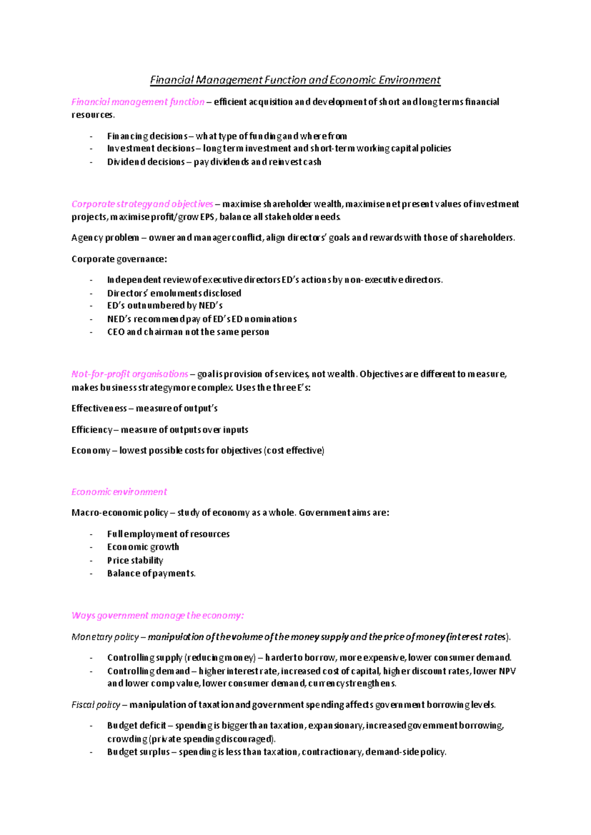 ACCA FM - Comprehensive Revision Notes on Financial Management Concepts ...