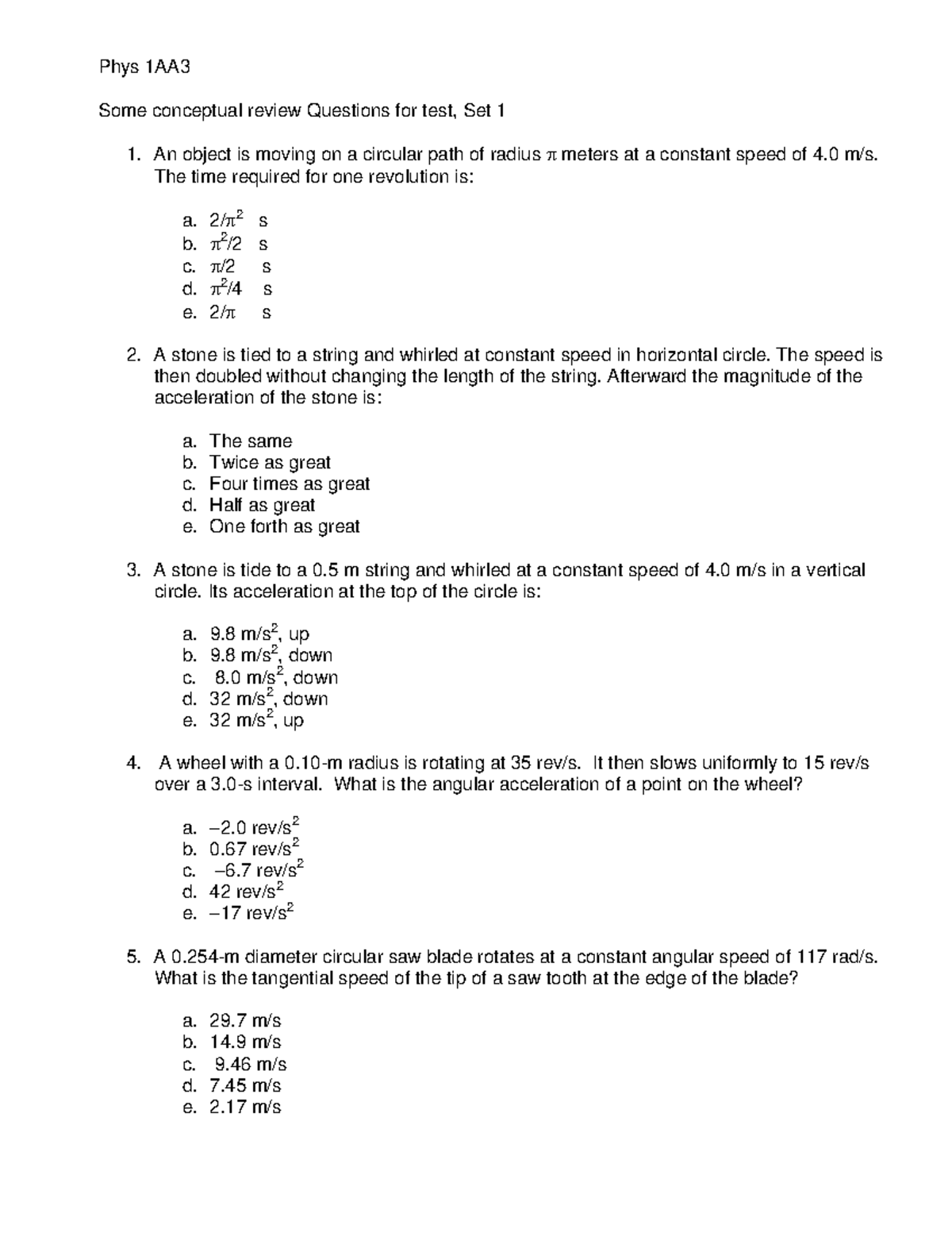 Phys 1AA - Test Review Questions Set 1 for Conceptual Understanding ...