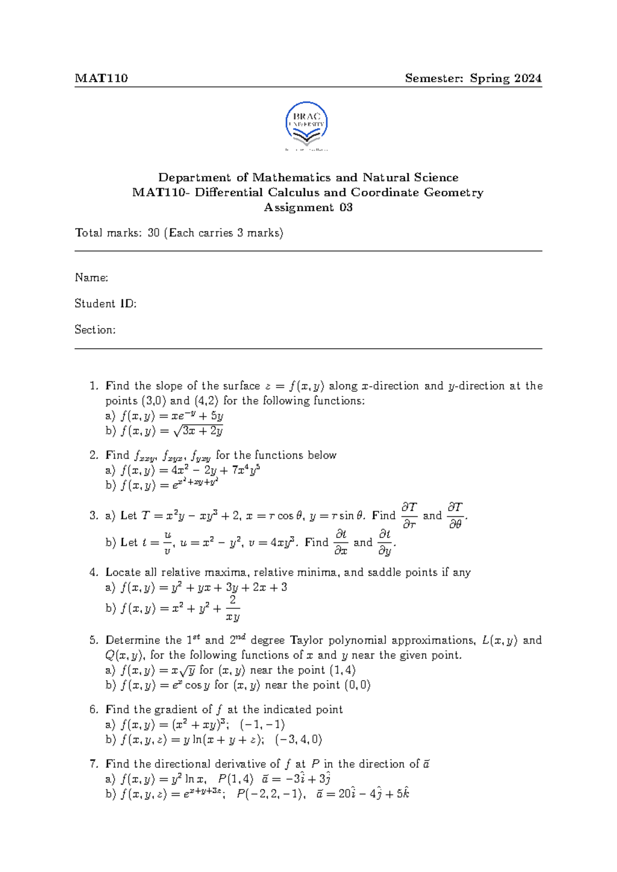 Assignment 3 MAT110 Spring 24 - MAT110 Semester: Spring 2024 Department ...