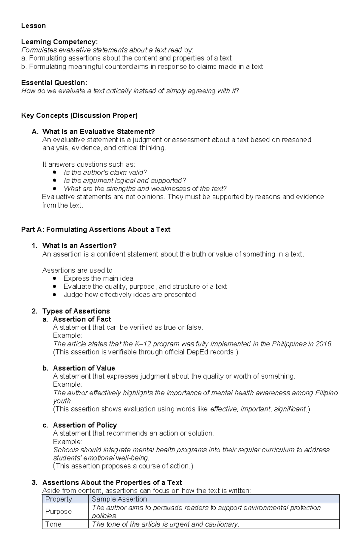 Lesson on Formulating Evaluative Statements About Texts - Studocu