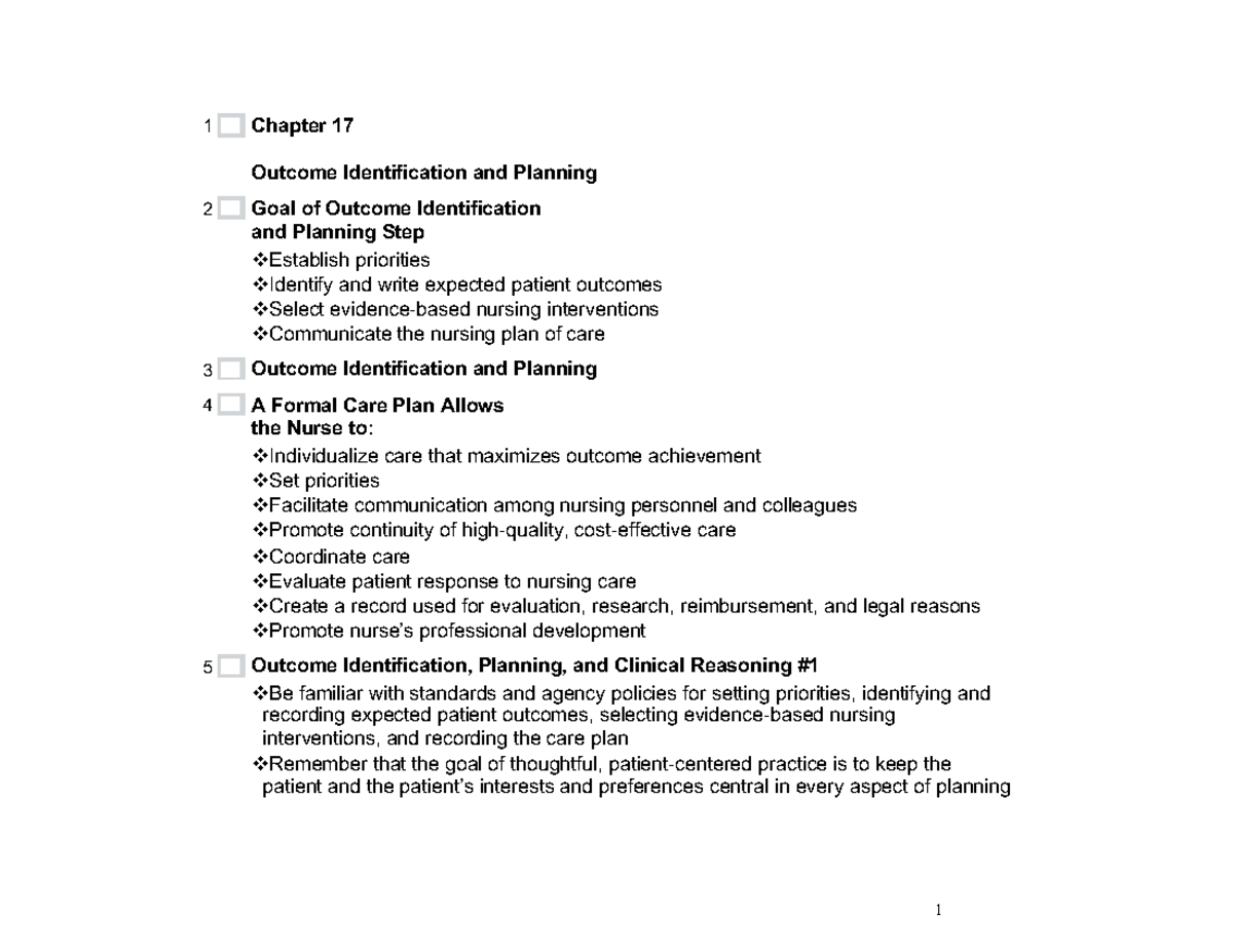 NUR 401 Chapter 17: Outcome Identification & Planning Essentials - Studocu